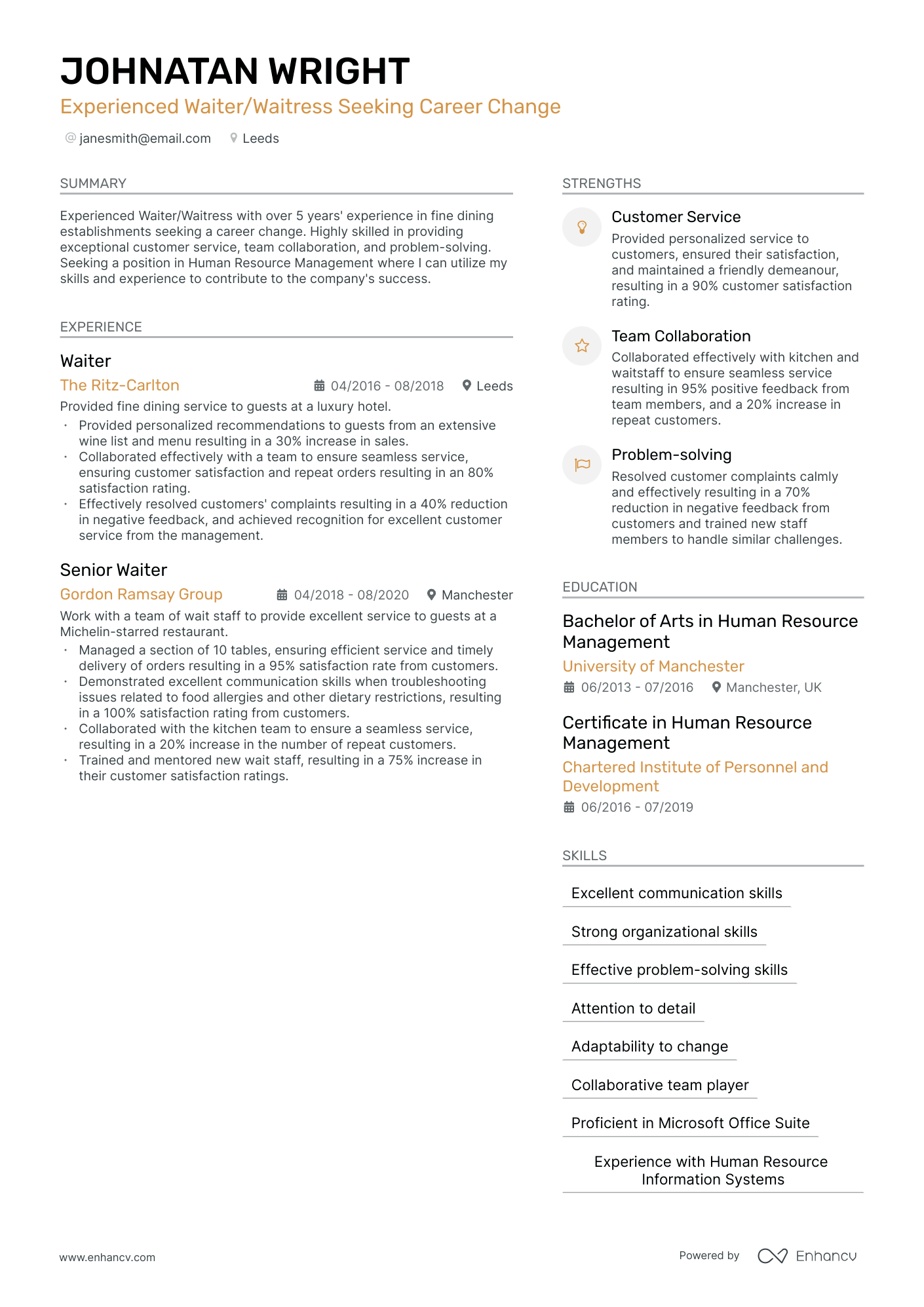 Experienced Waiter/Waitress Seeking Career Change CV example