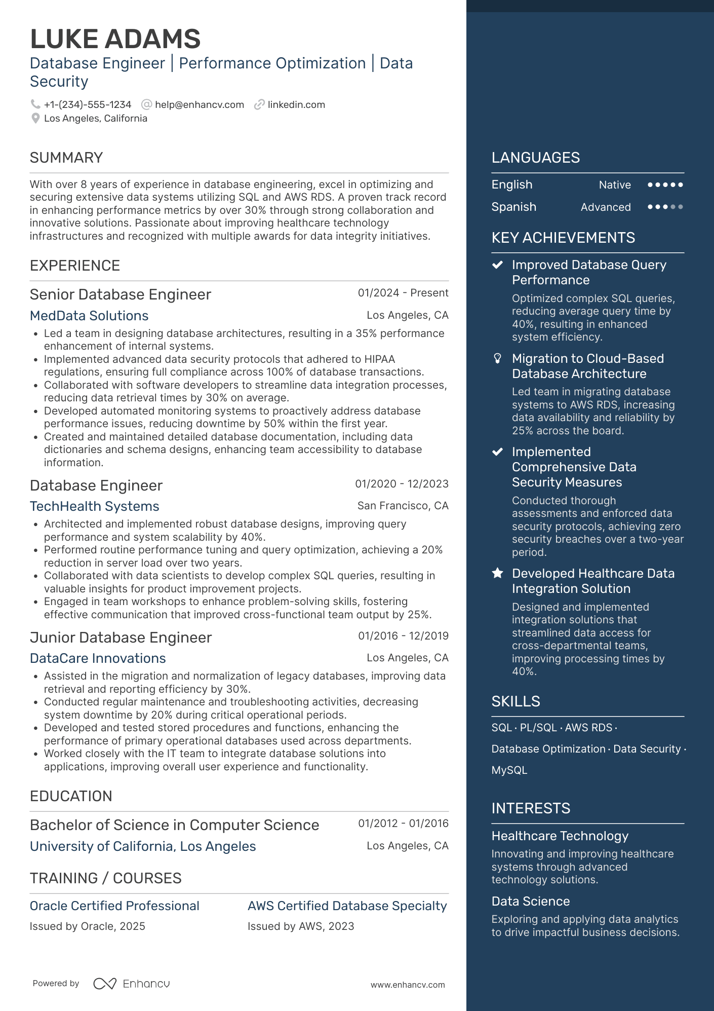 Database Engineer resume example