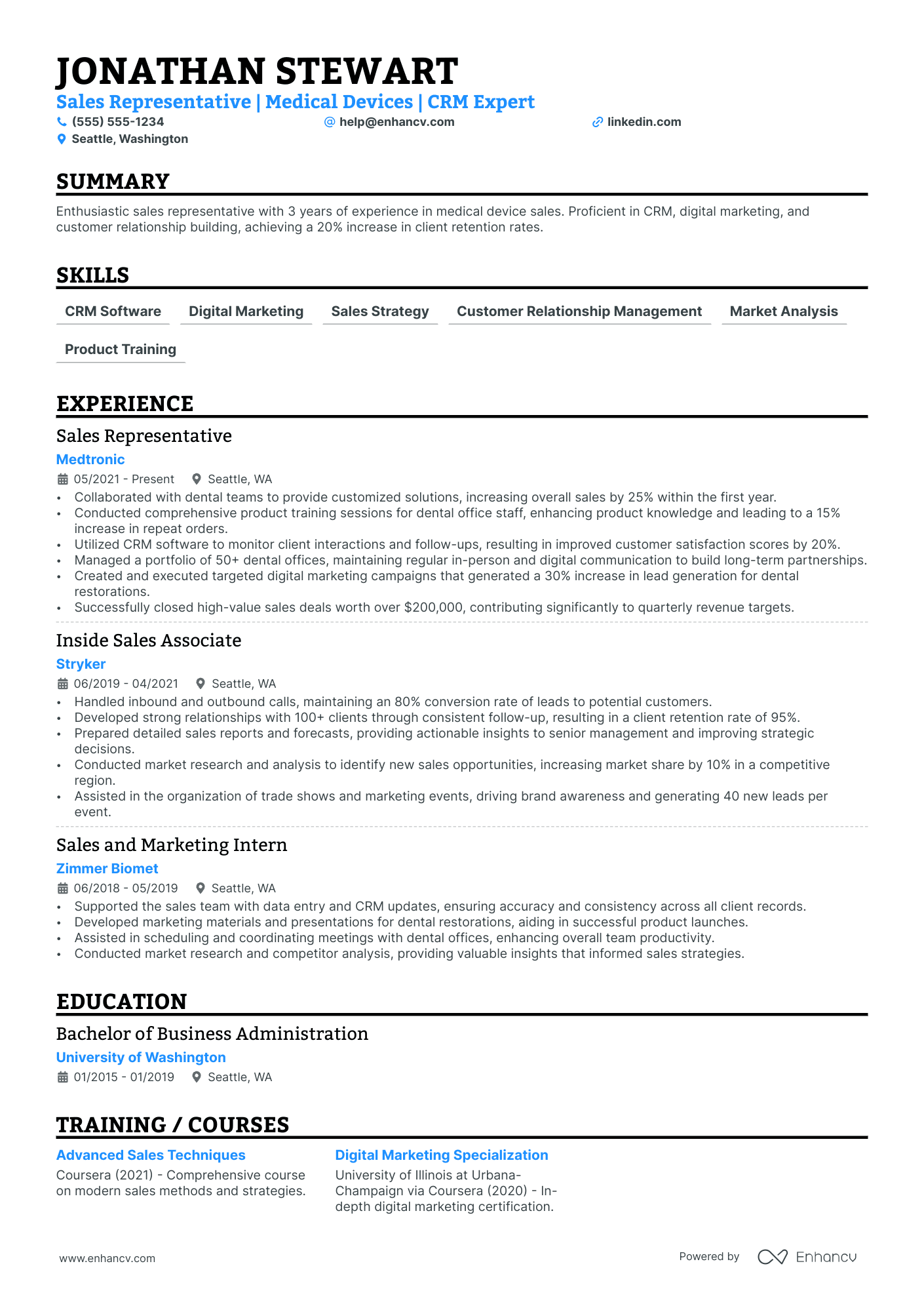 Entry Level Medical Device Sales Rep resume example