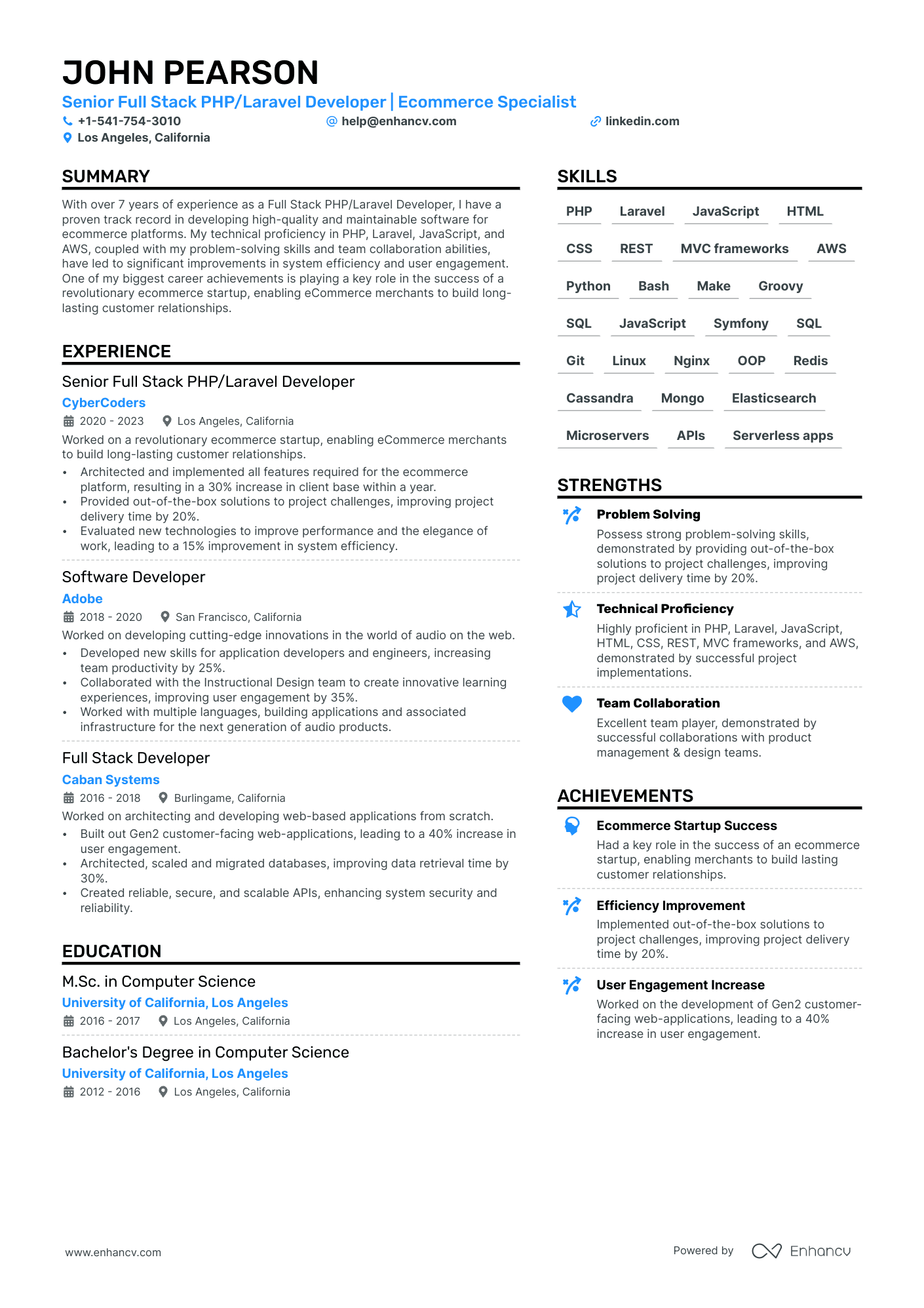 PhP Developer resume example