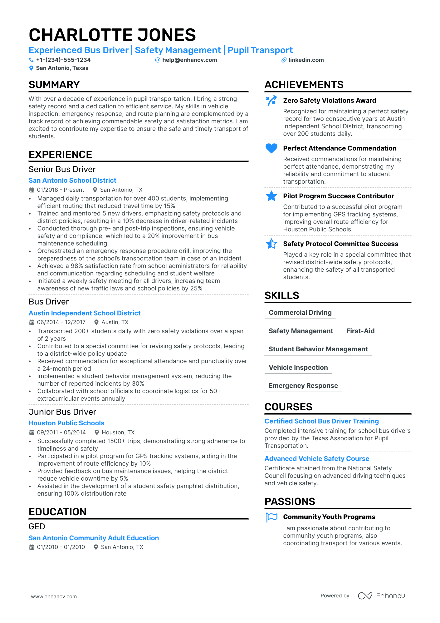 Bus Driver resume example