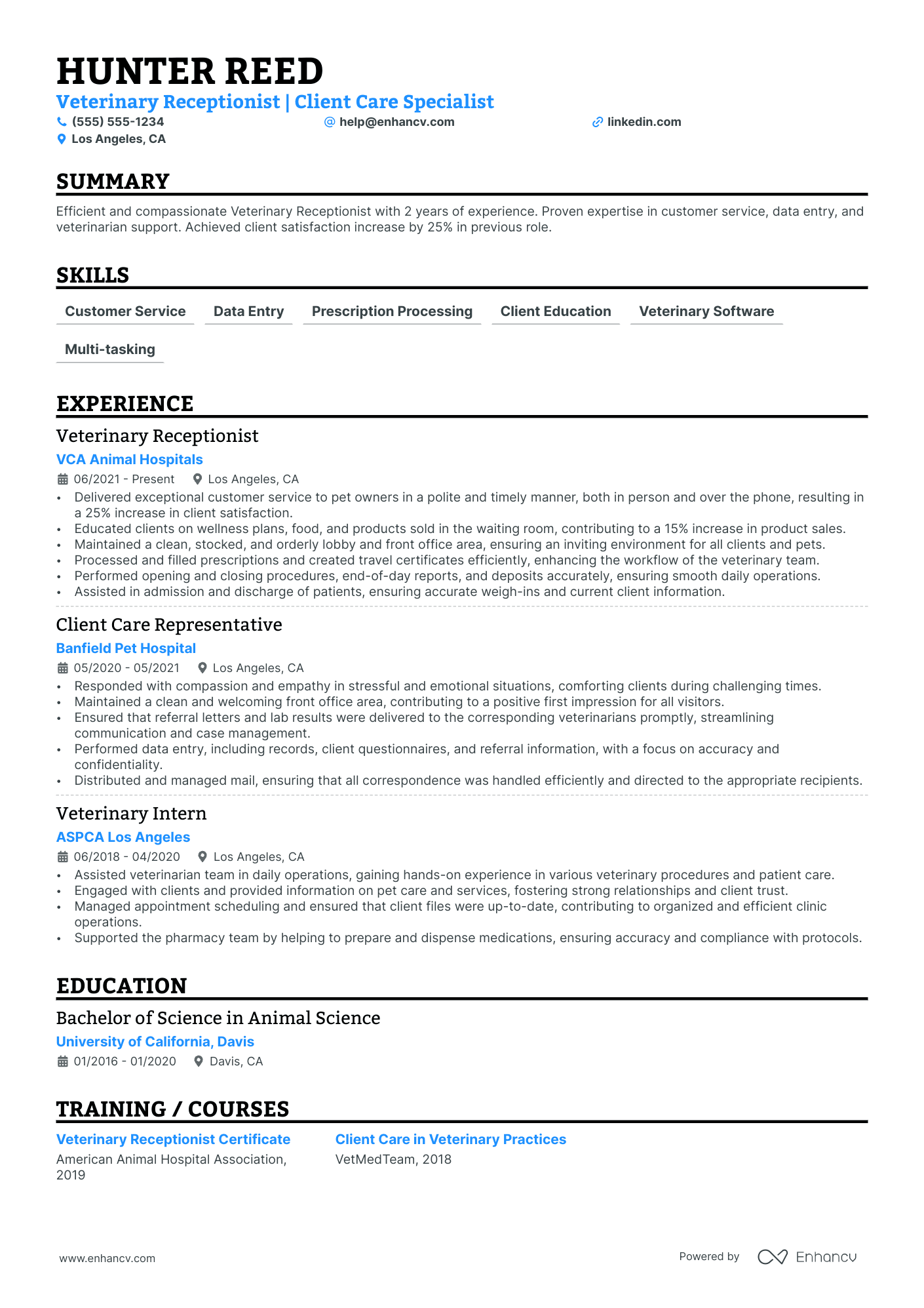 Front Desk Receptionist resume example