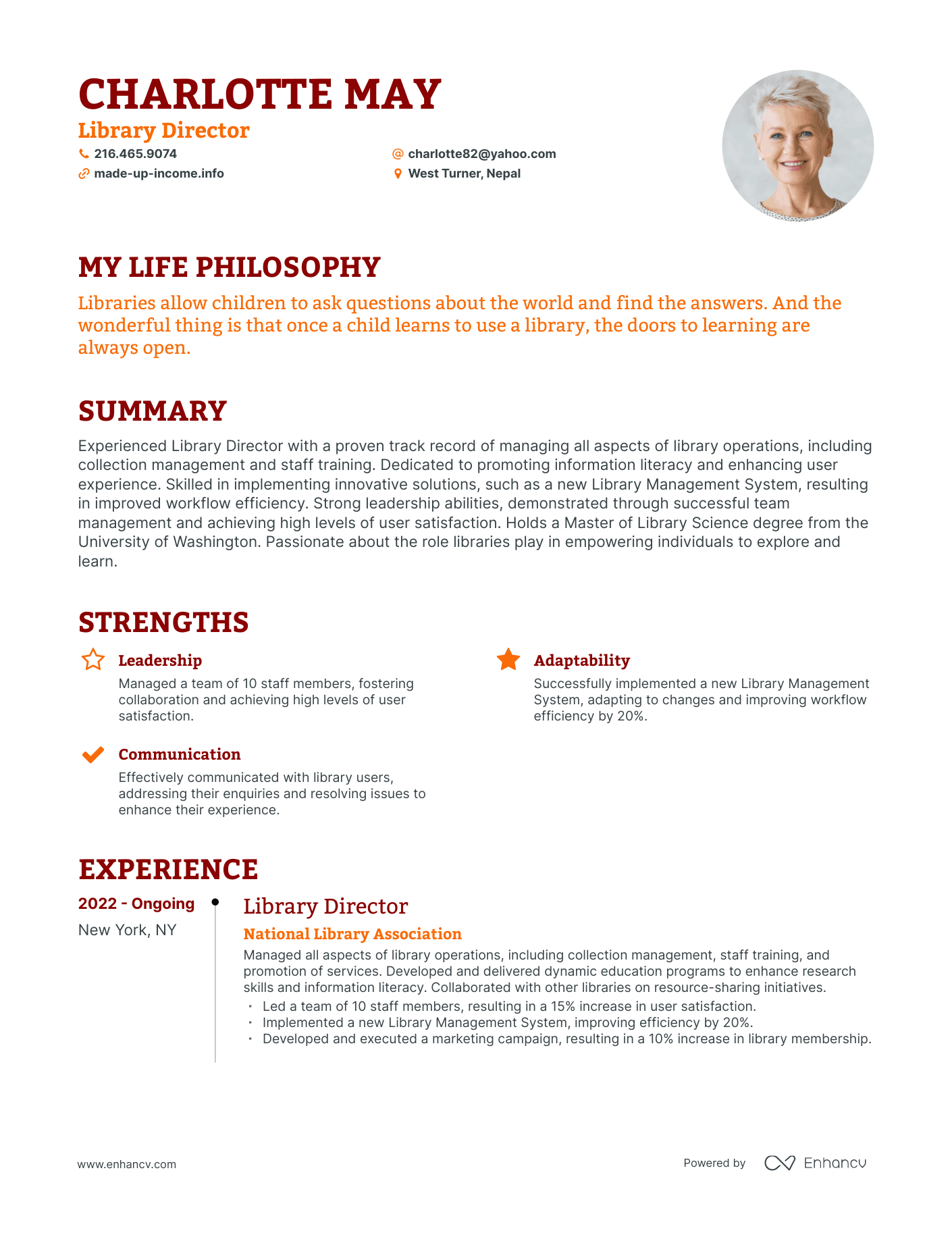 Creative Library Director Resume Example