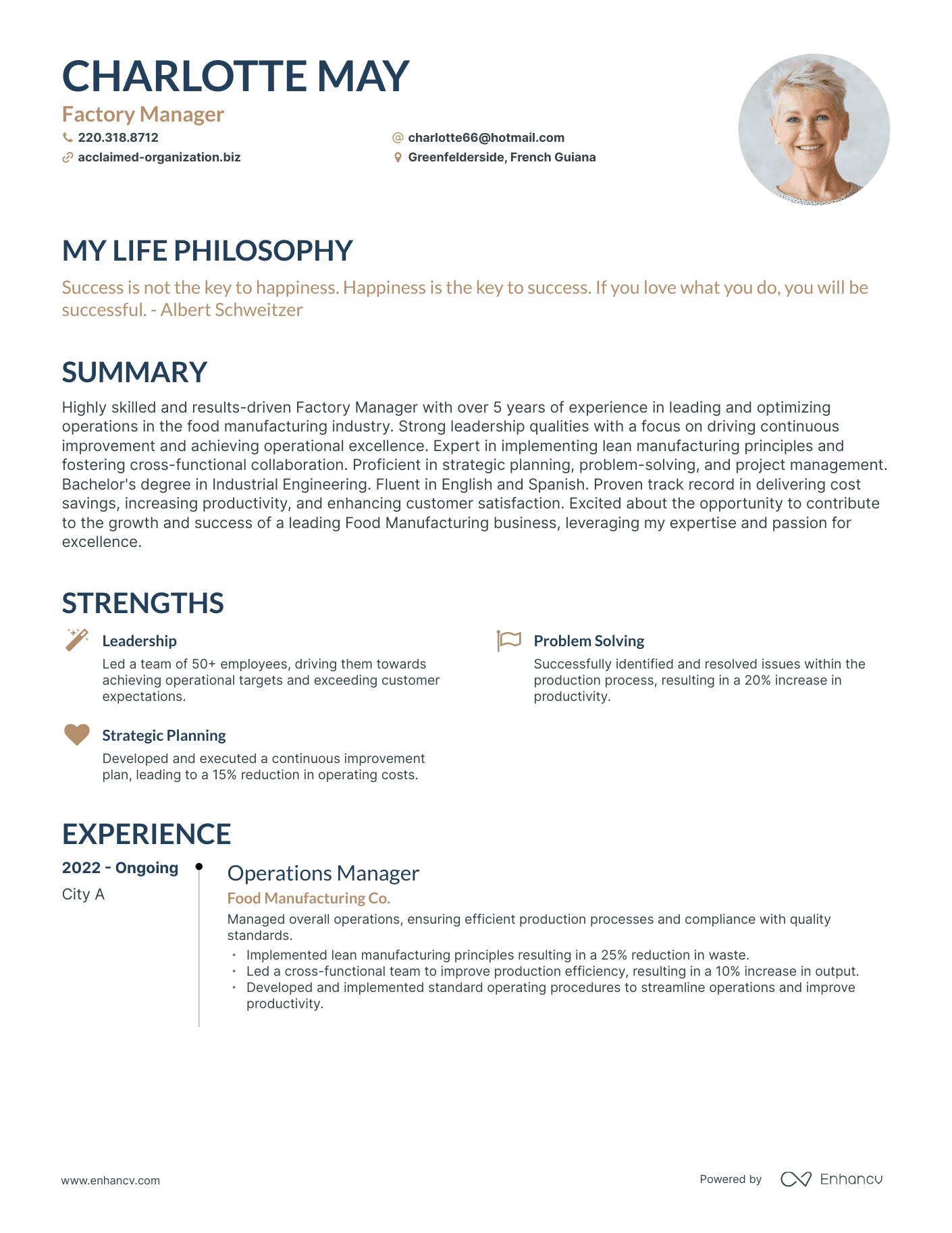 Creative Factory Manager Resume Example