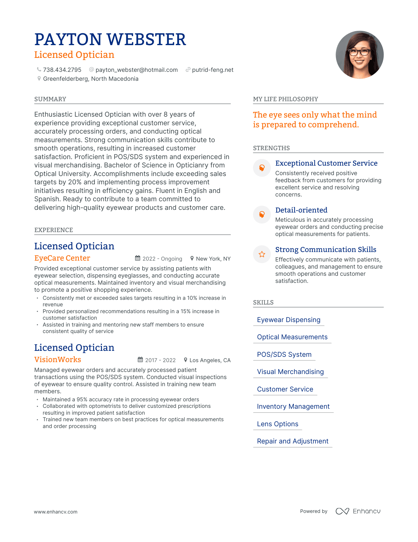 Licensed Optician resume example