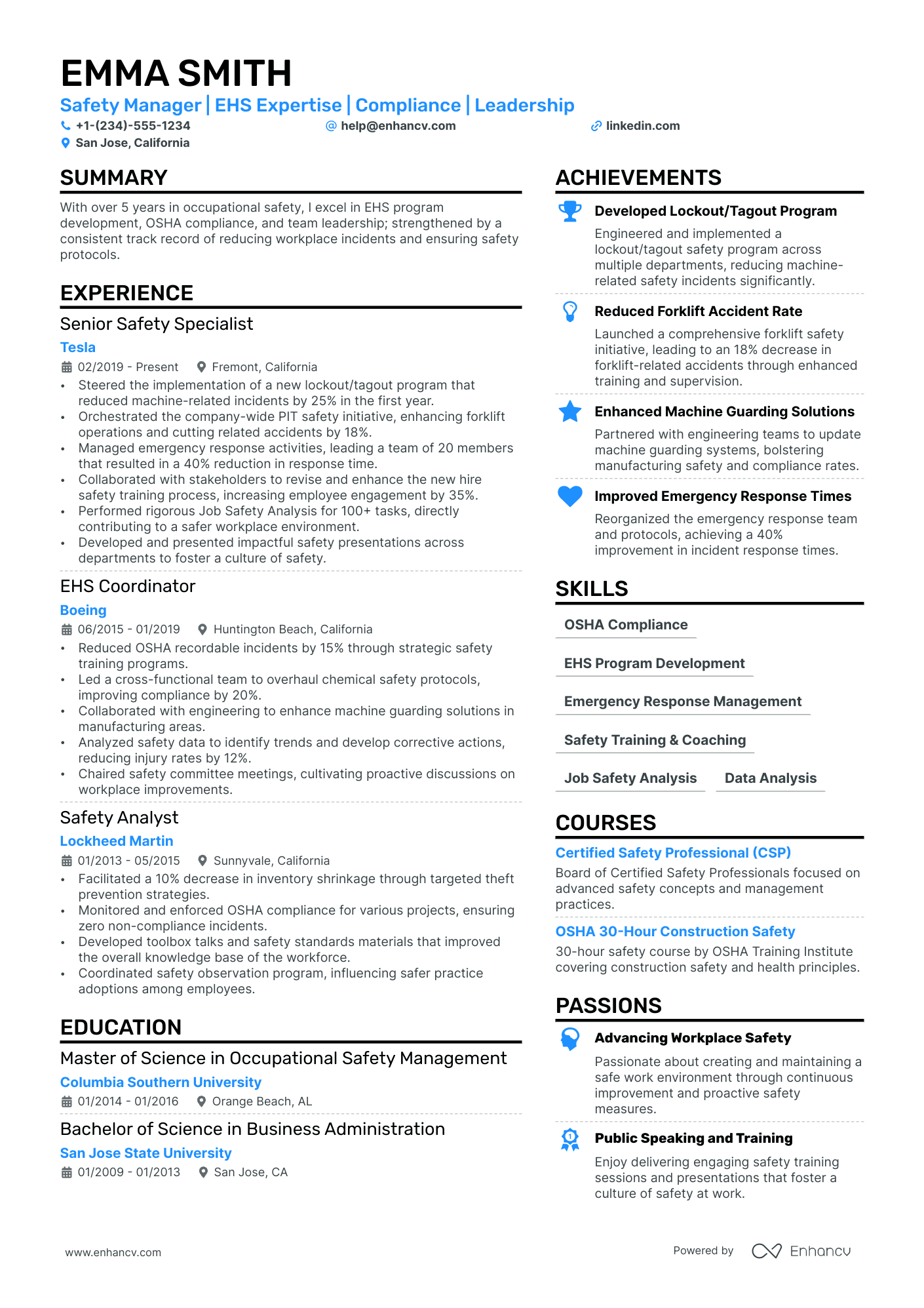 Safety Manager resume example