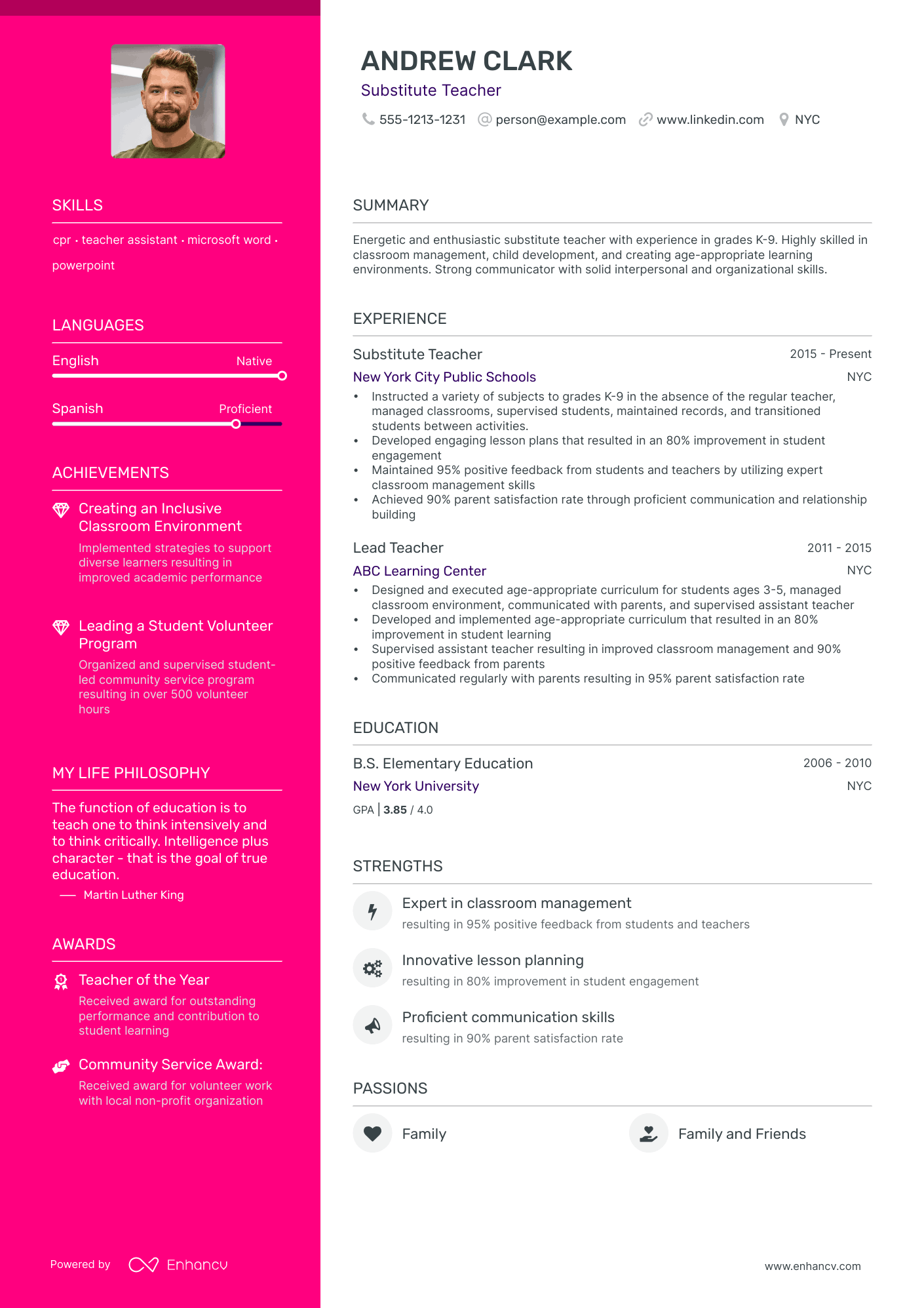 Substitute Teacher resume example