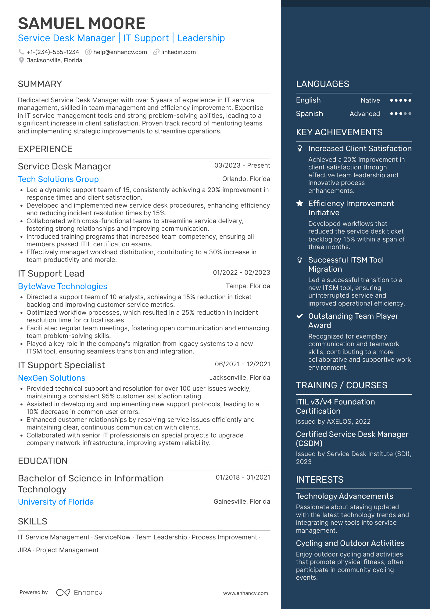 Service Desk Manager resume example
