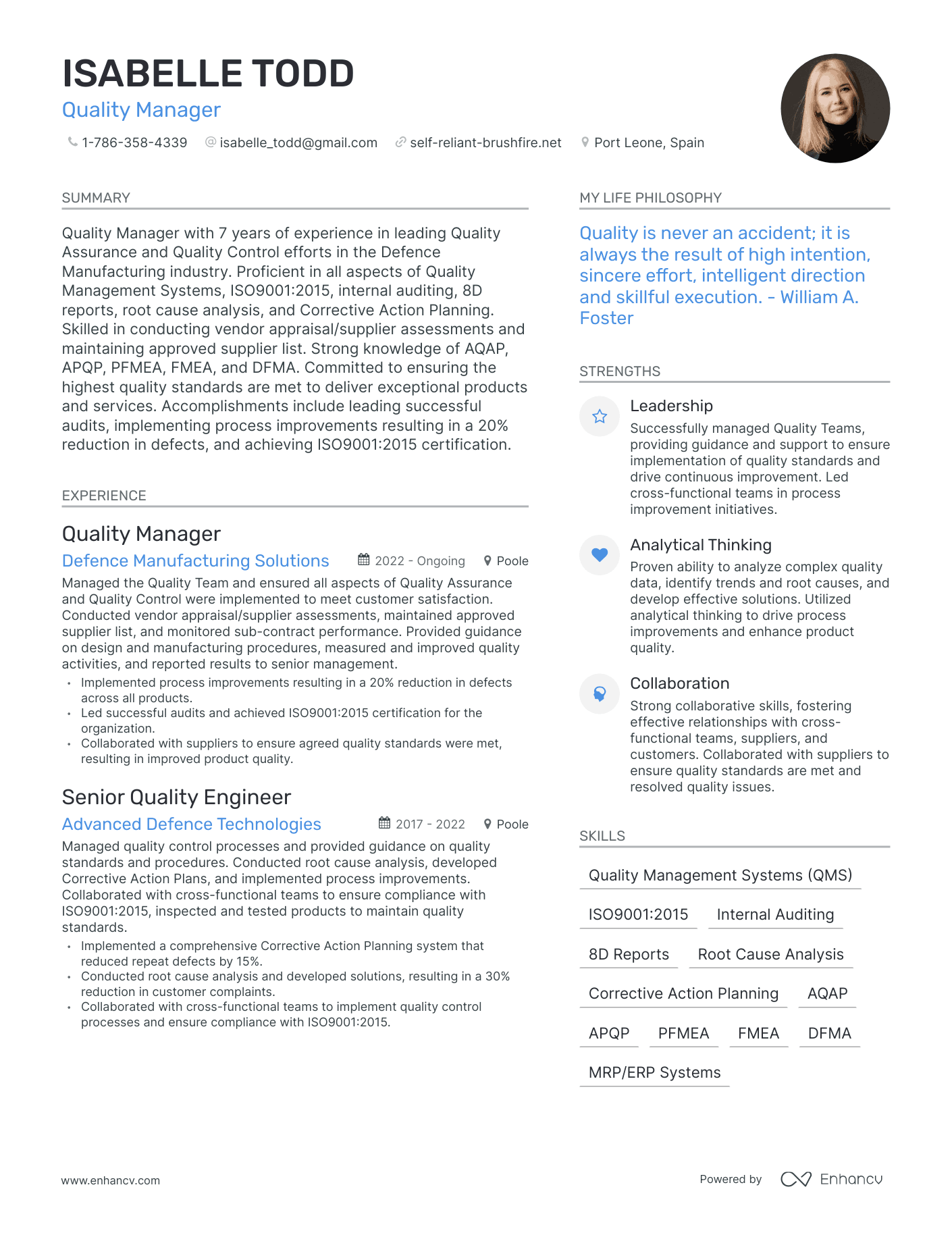 Modern Quality Manager Resume Example