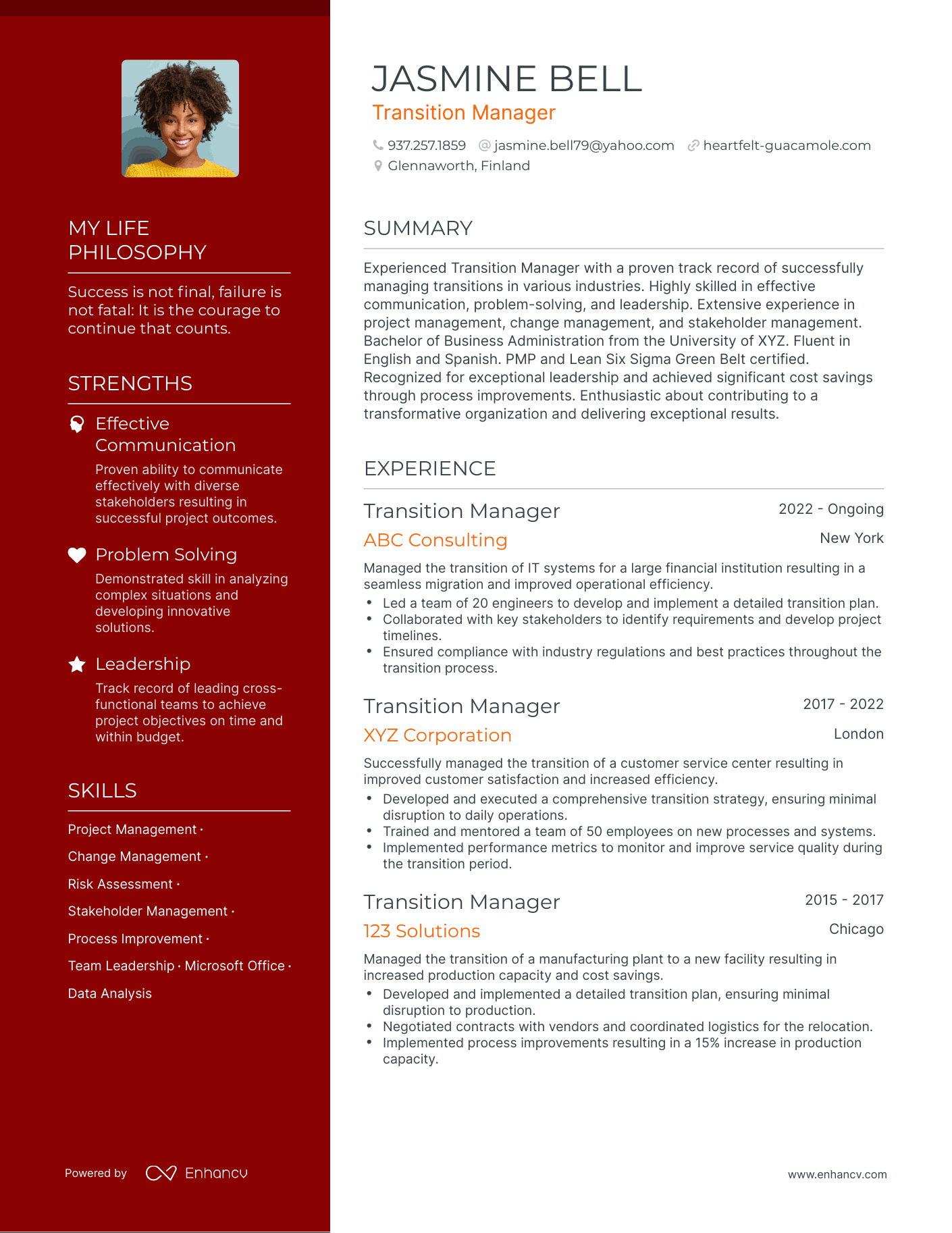 Creative Transition Manager Resume Example