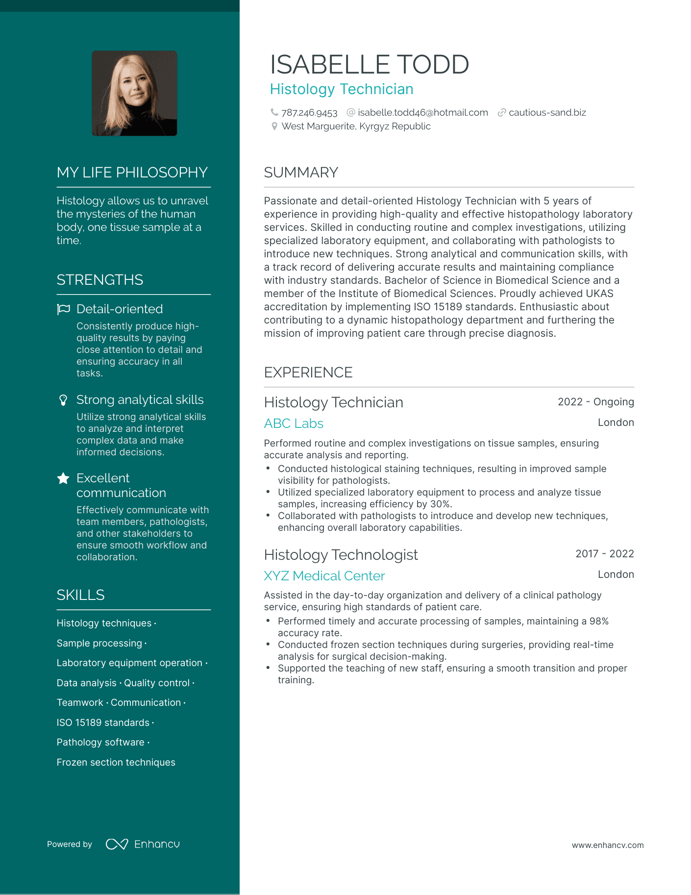 Histology Technician resume example