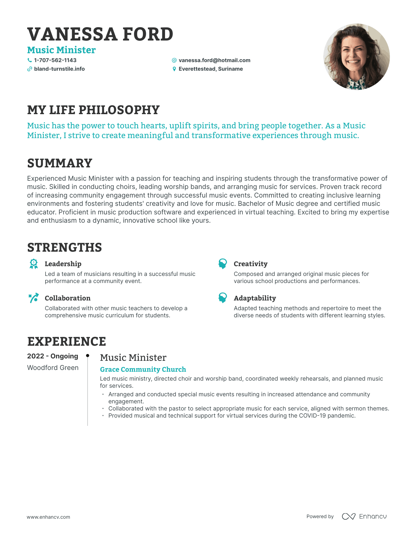Creative Music Minister Resume Example