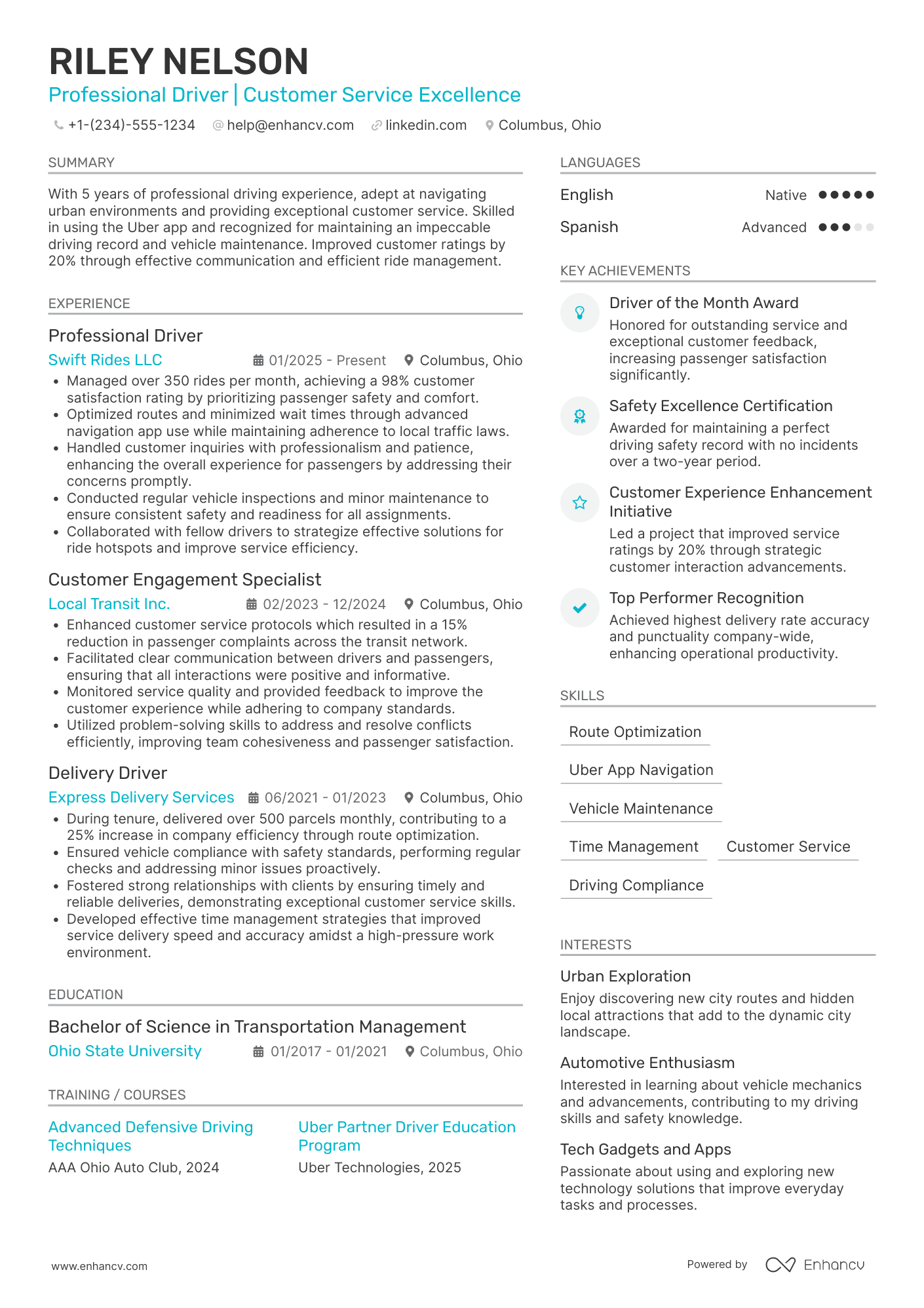 Uber Driver resume example