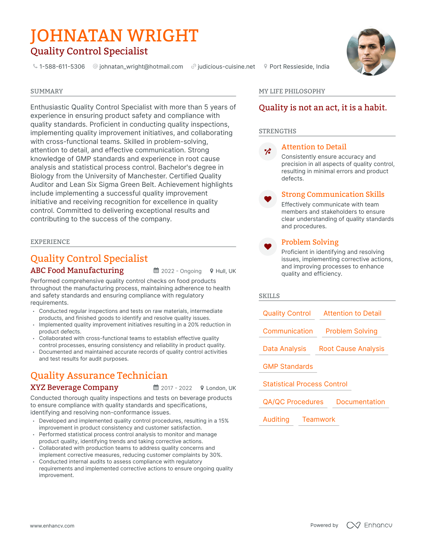 Quality Control Specialist resume example