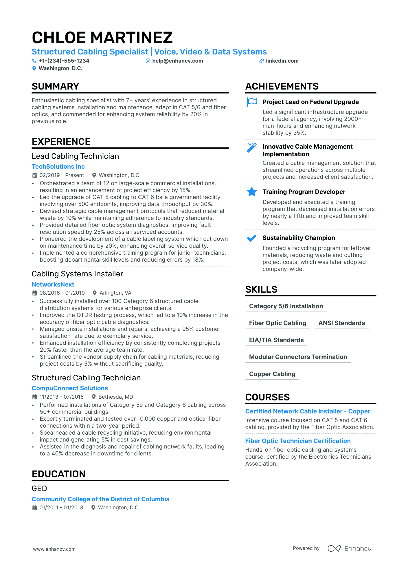 Cable Technician resume example