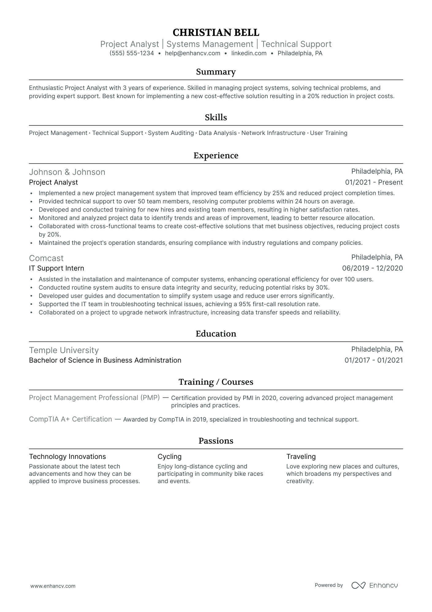 Business Project Analyst resume example