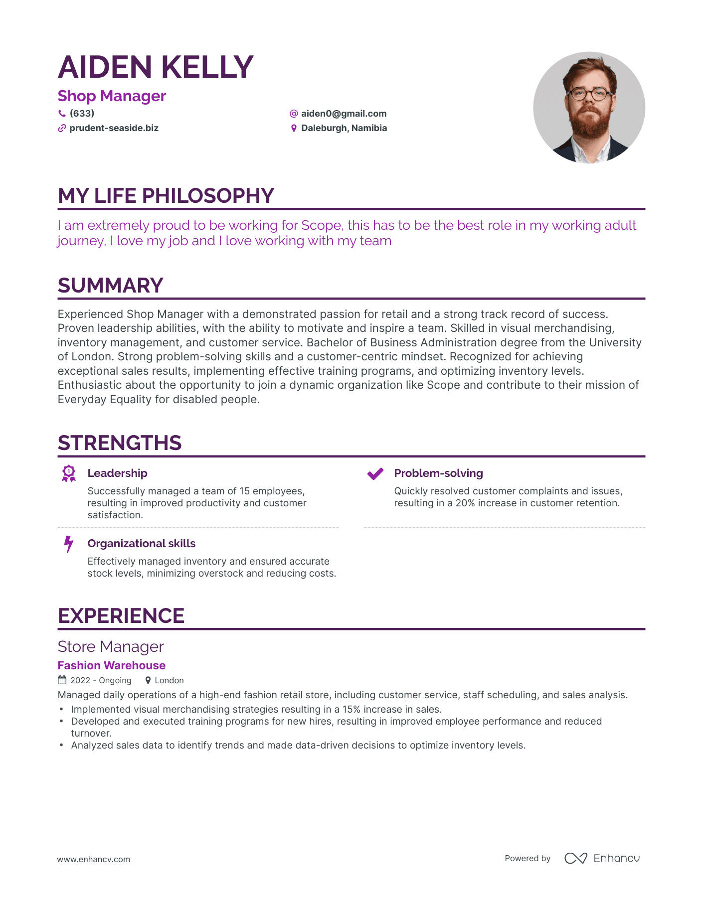 Creative Shop Manager Resume Example