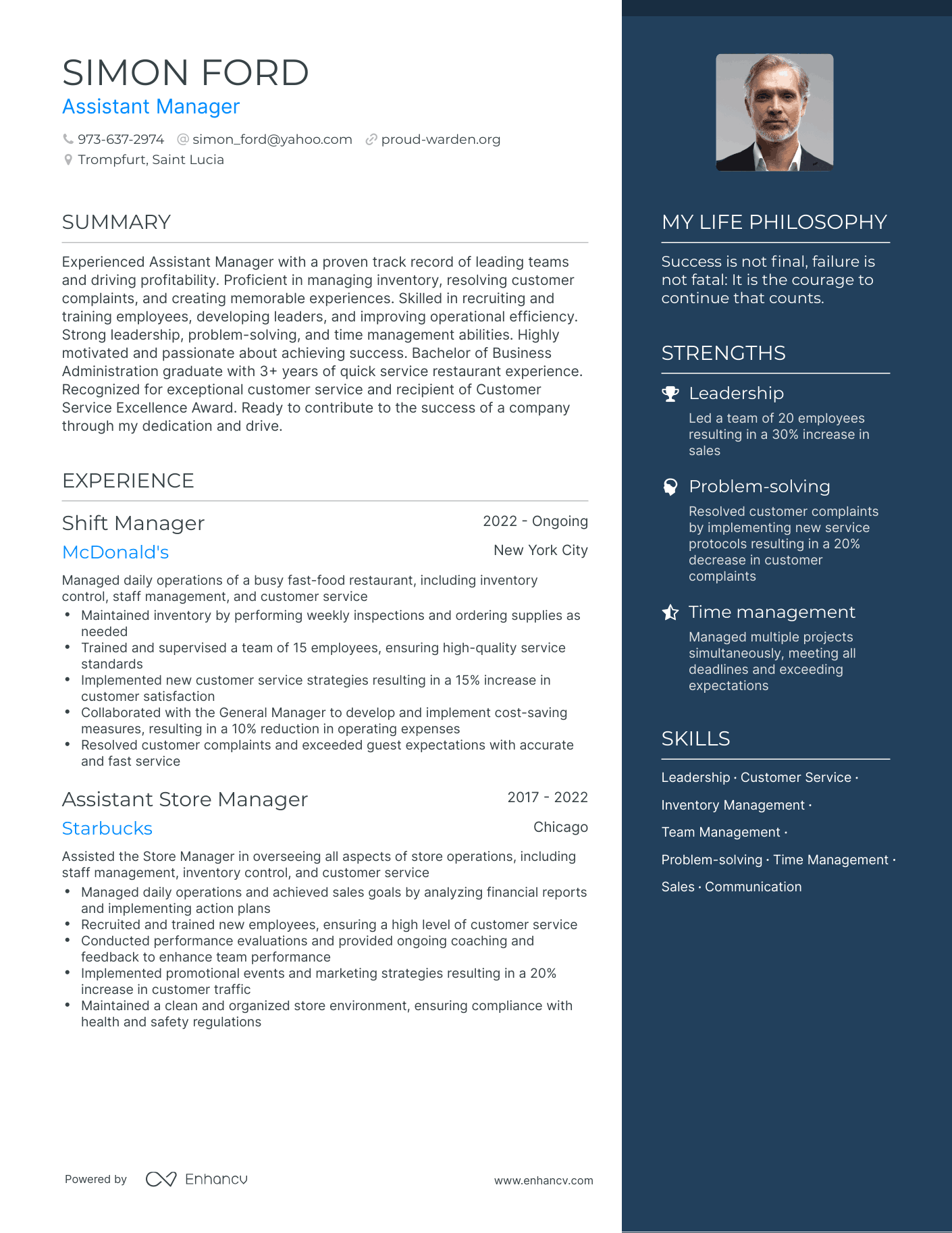Modern Assistant Manager Resume Example