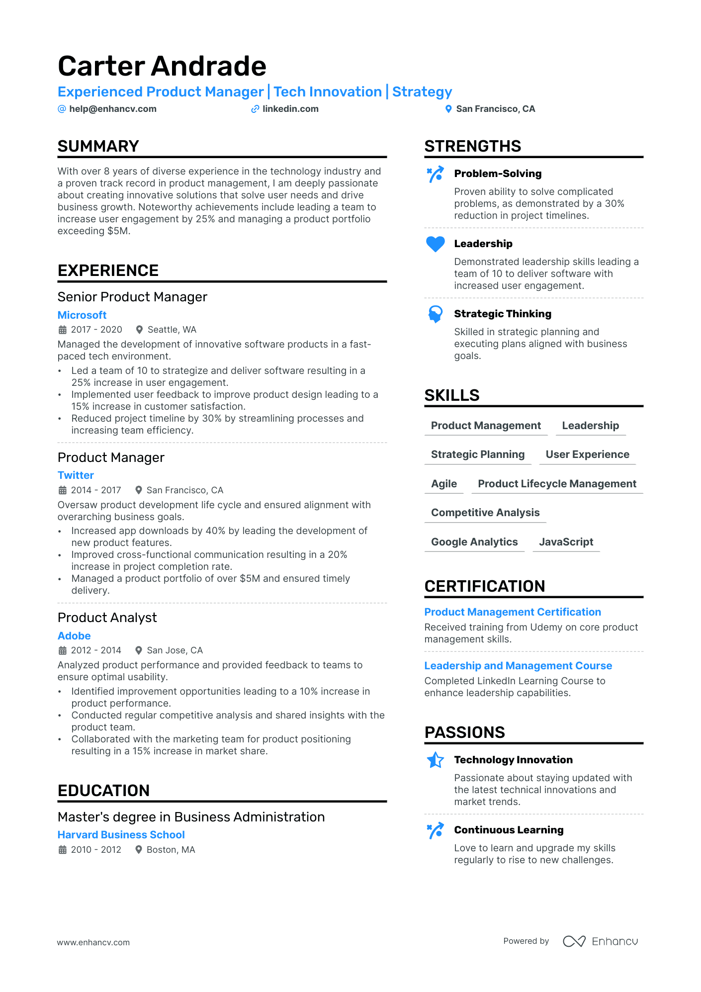 Google Product Manager resume example