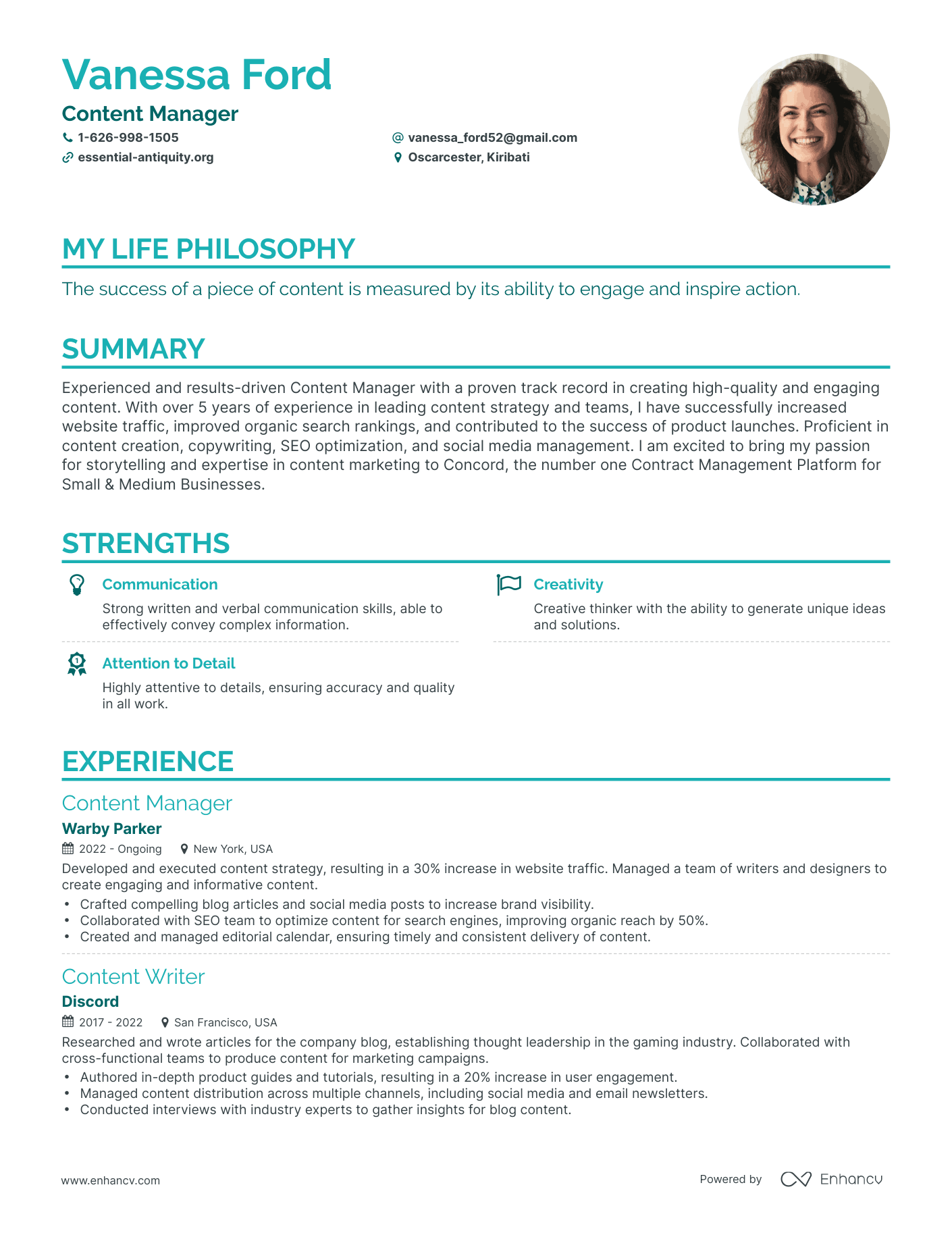 Creative Content Manager Resume Example