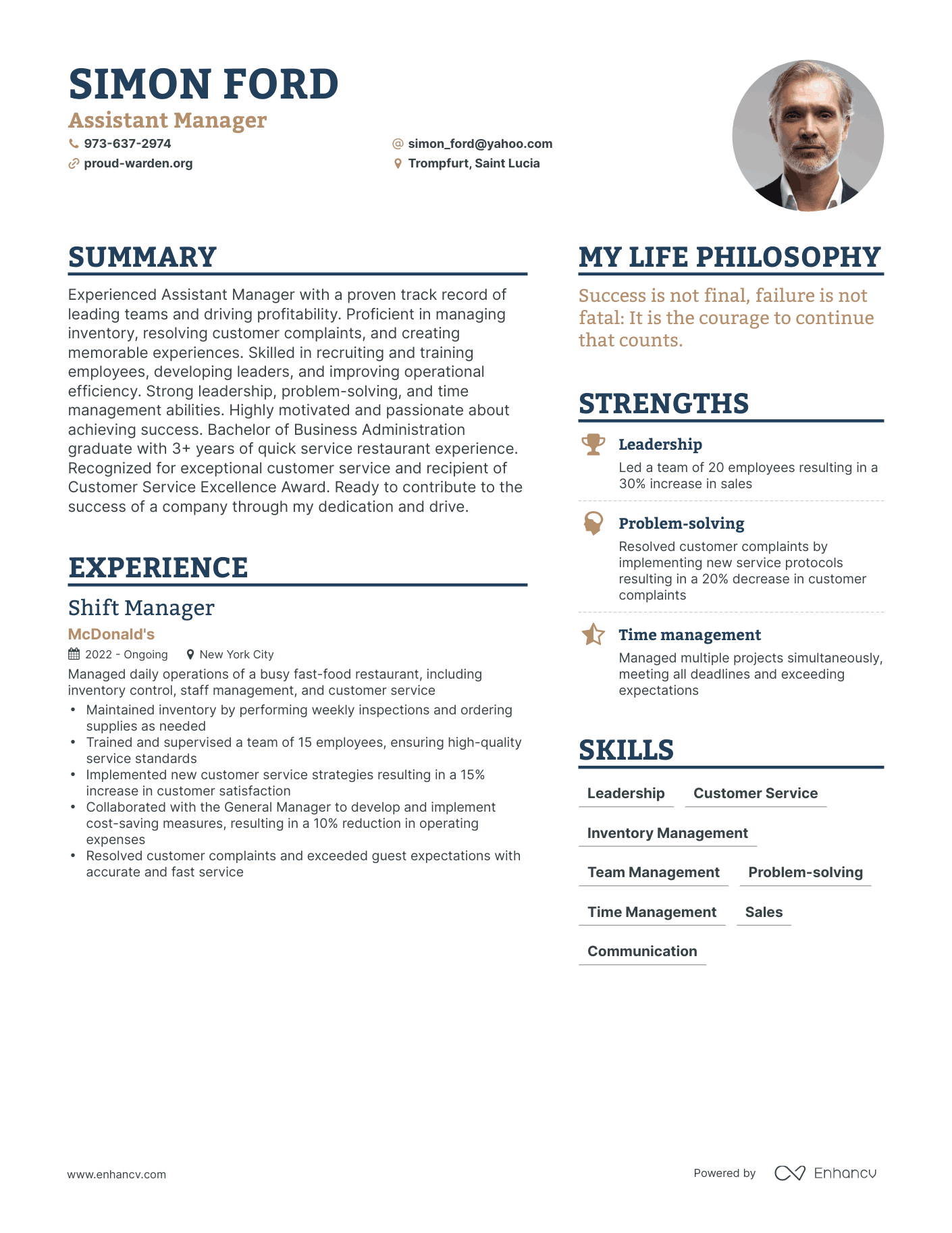 Assistant Manager resume example