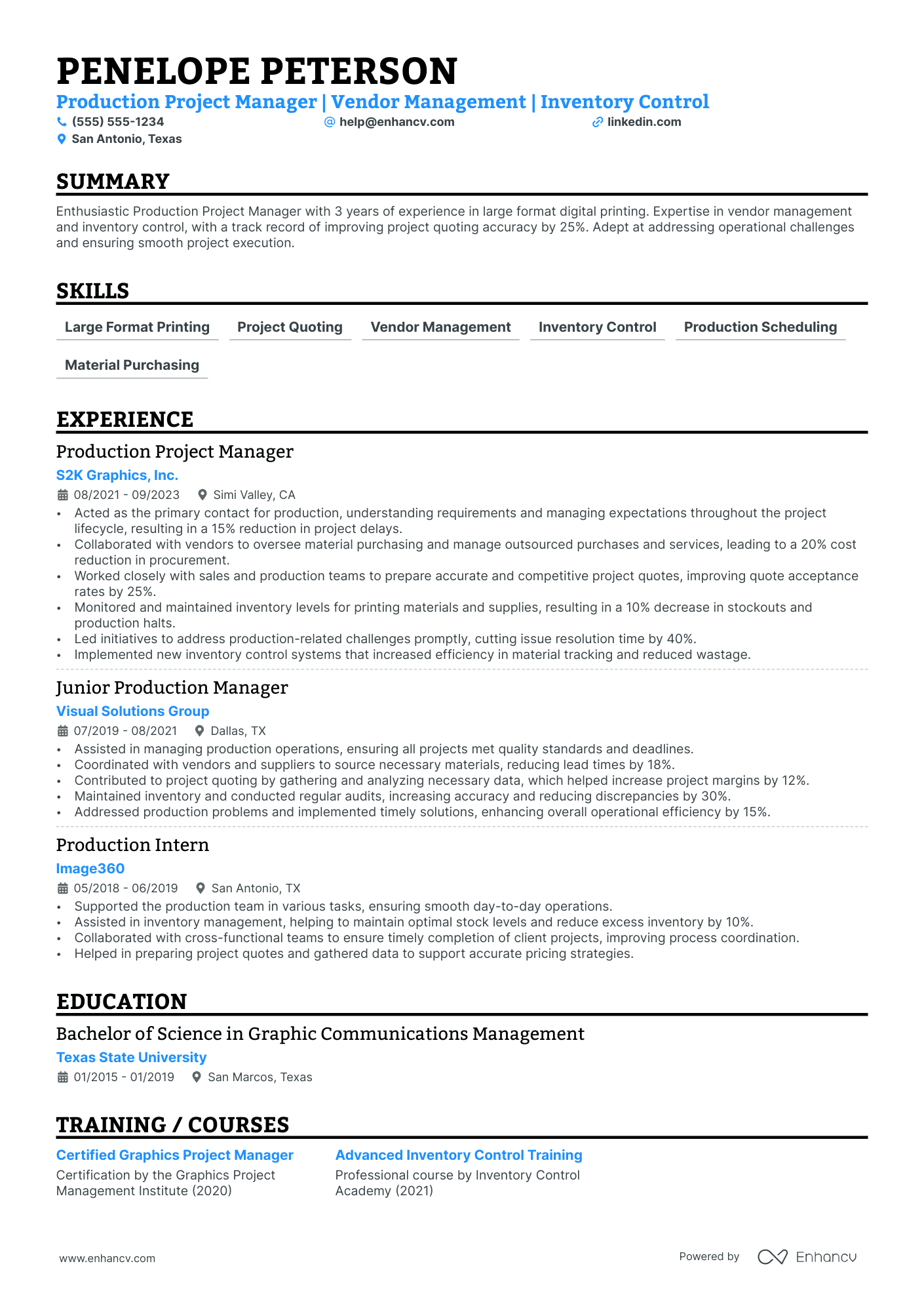 Production Project Manager resume example