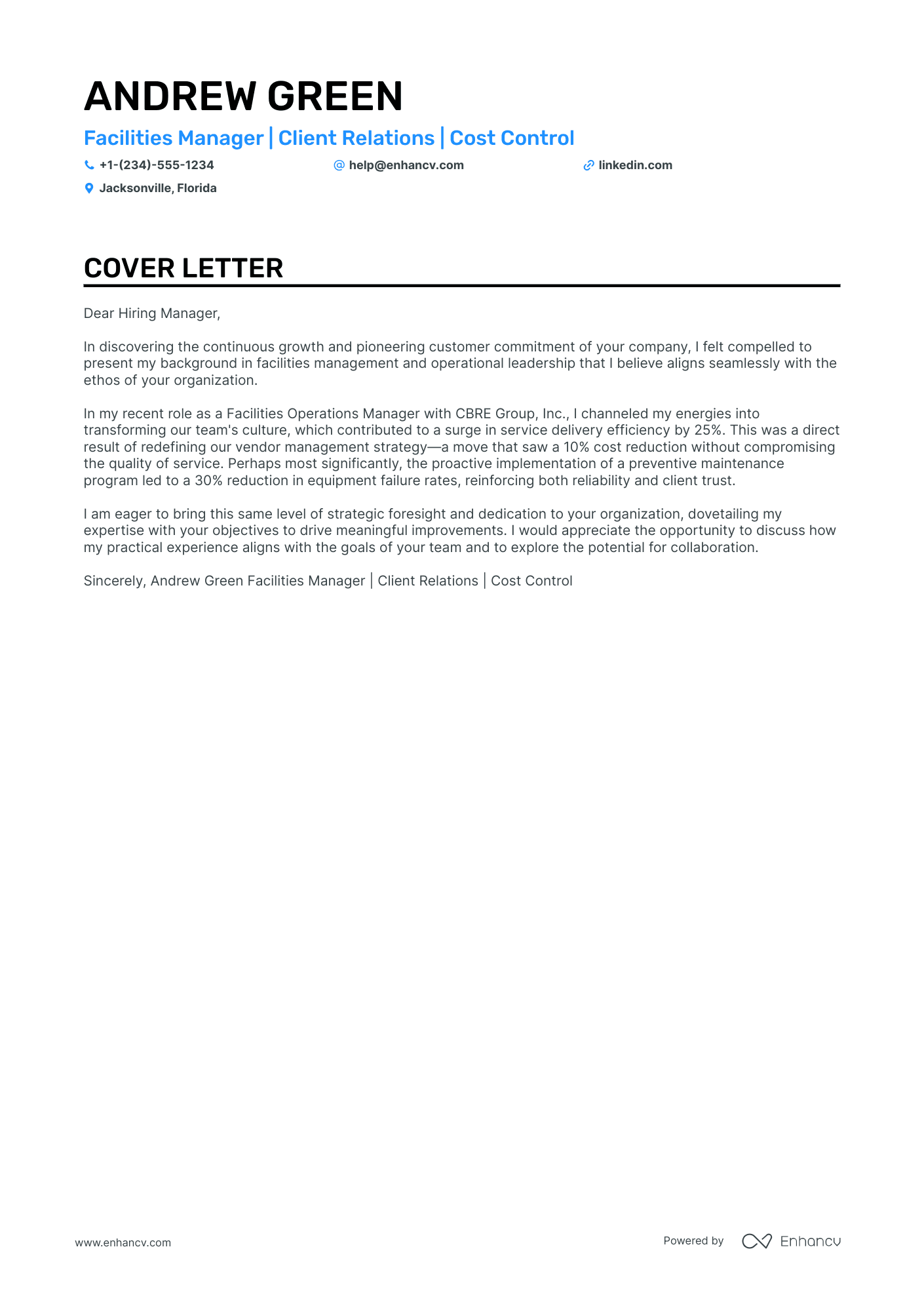 Facilities Manager cover letter