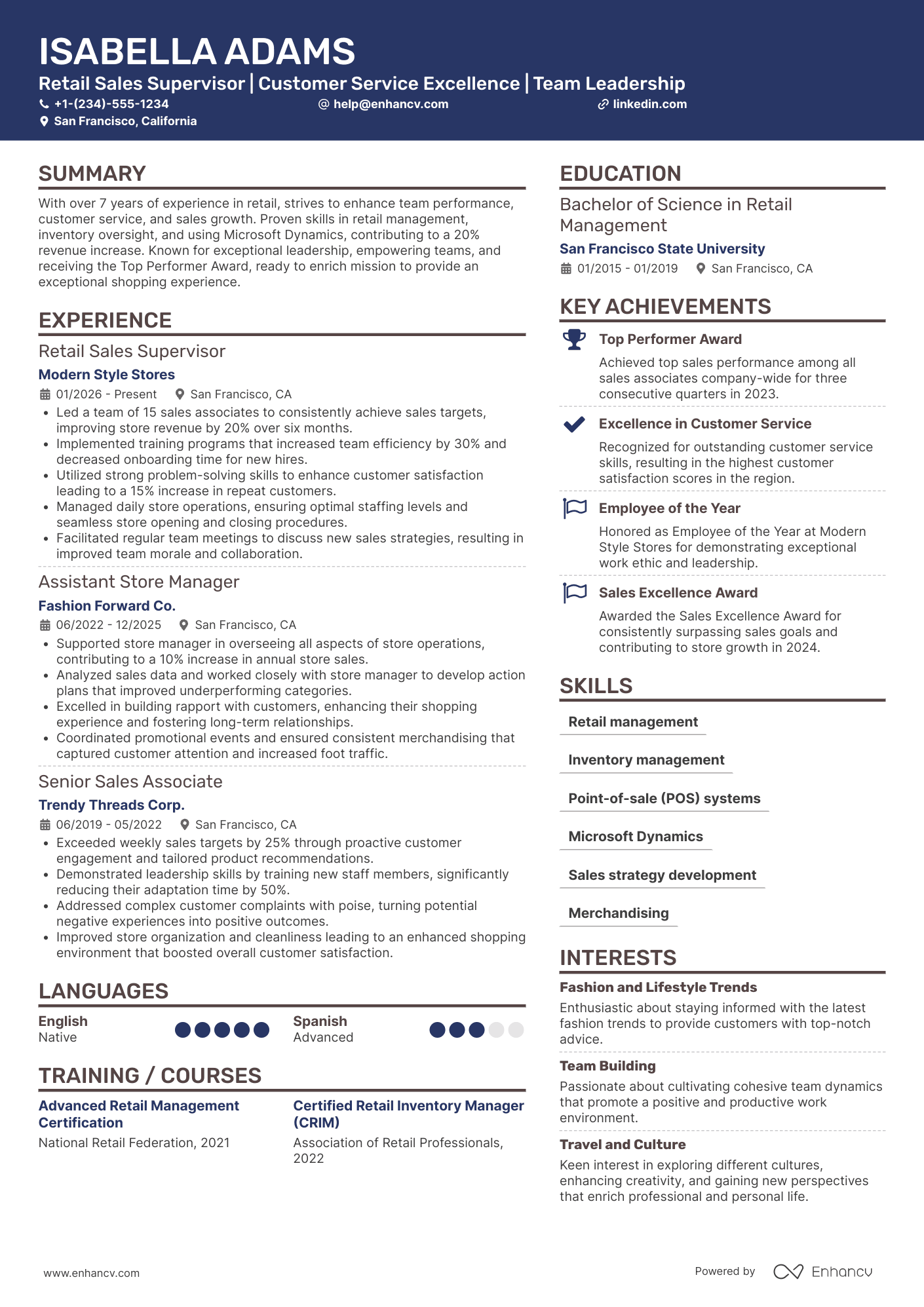 Retail Sales Supervisor resume example