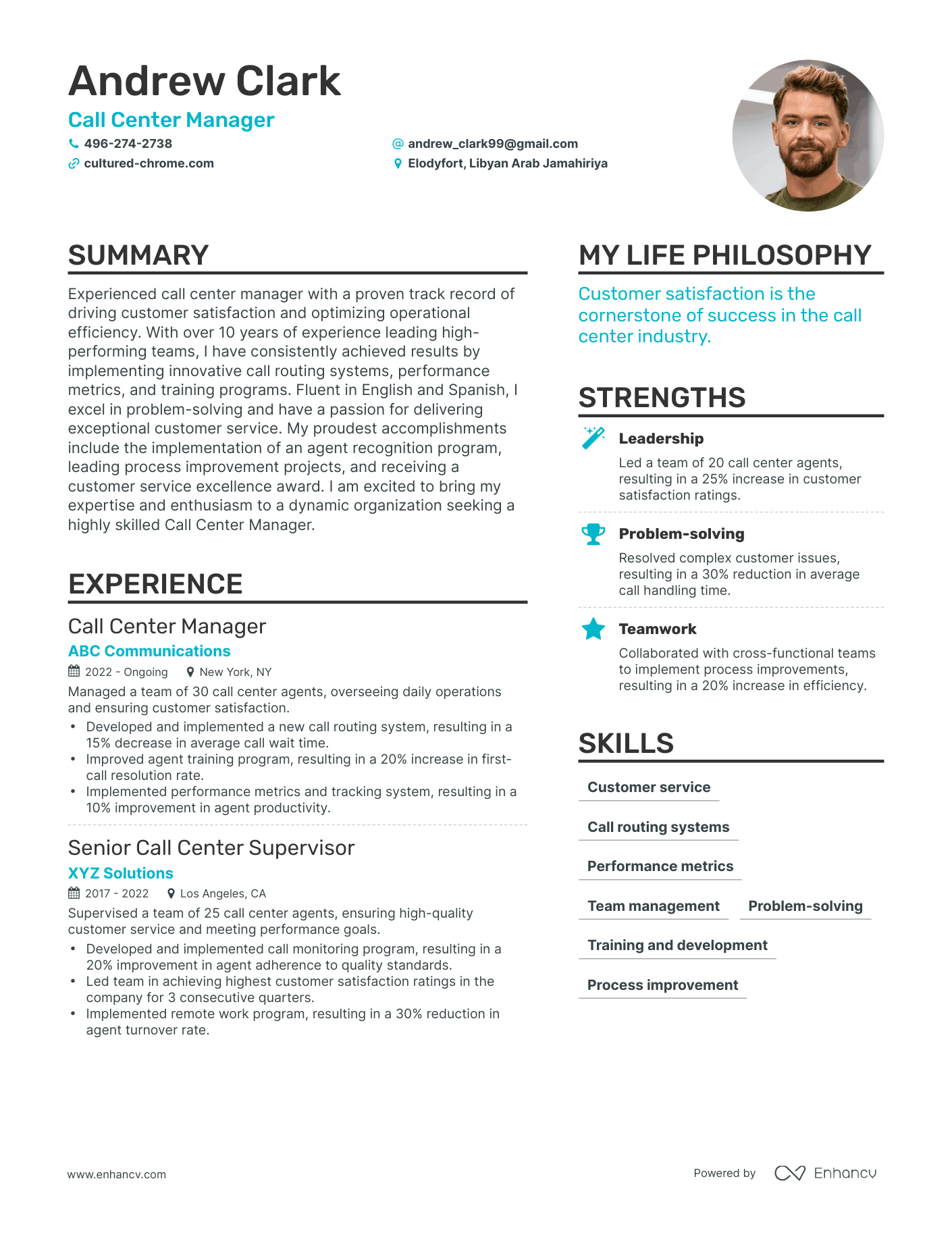 Modern Call Center Manager Resume Example