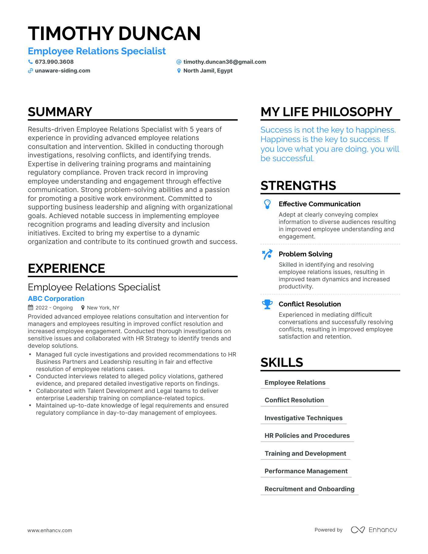 Employee Relations Specialist resume example