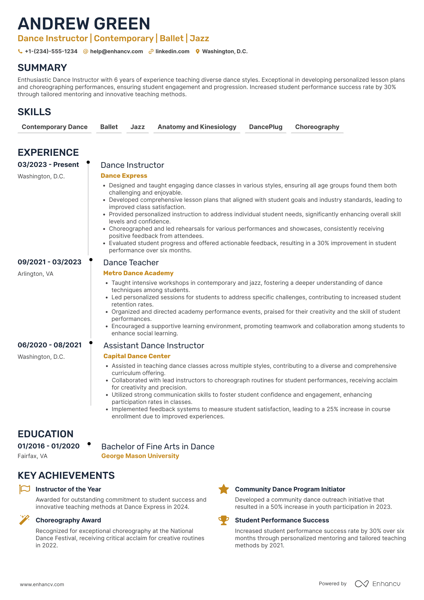 Dance resume example