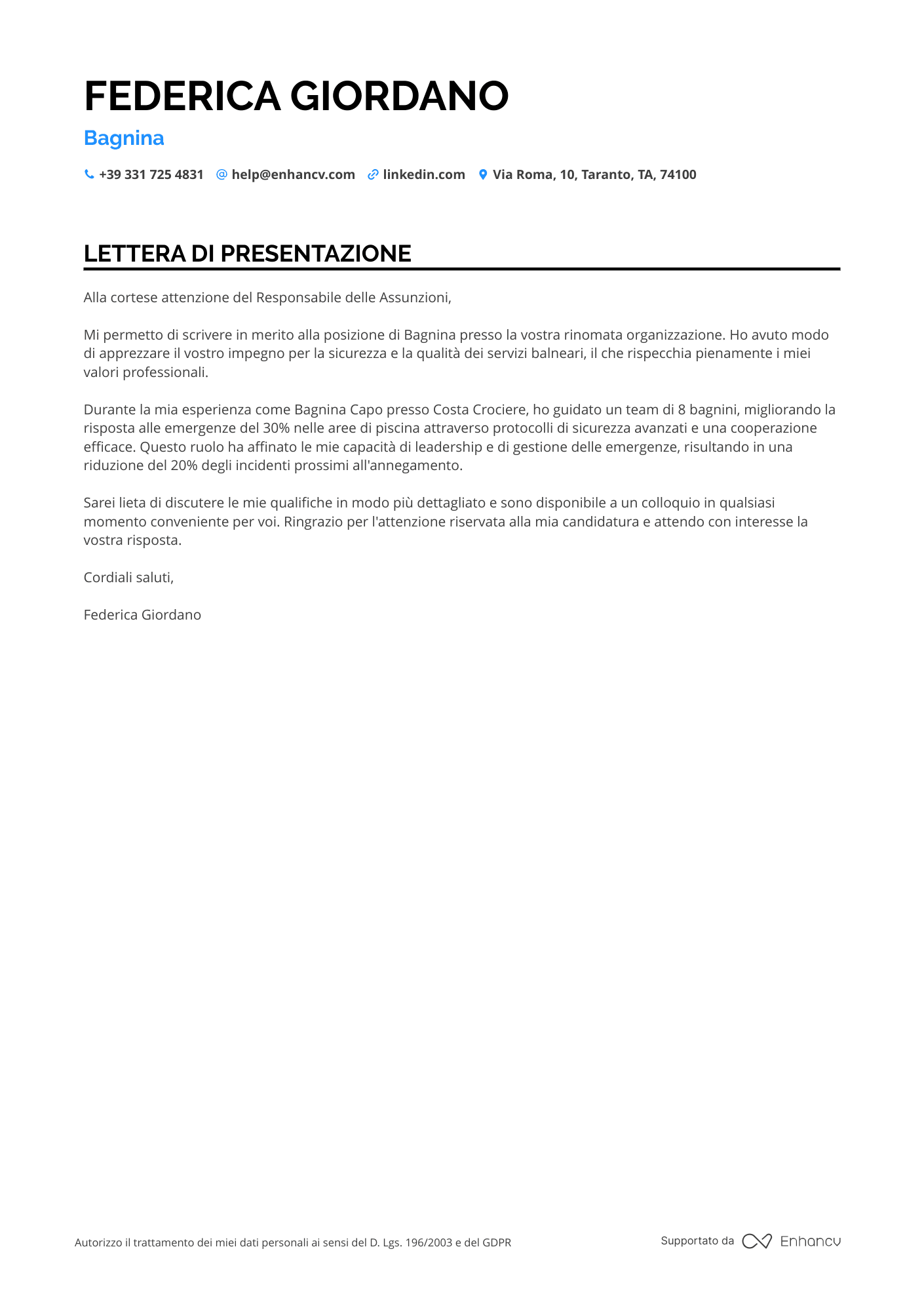 Bagnino Lettera di presentazione