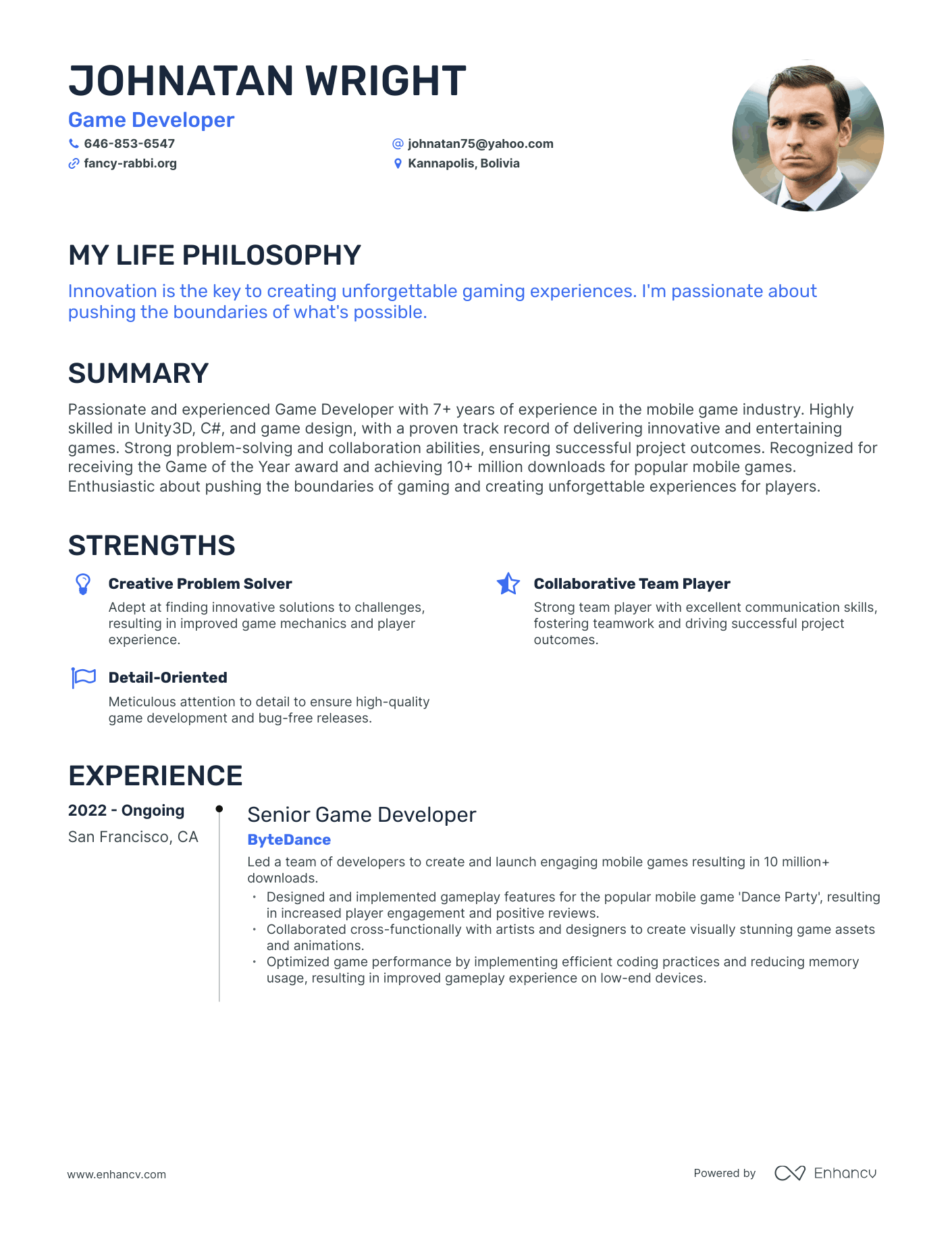 resume template for game developer