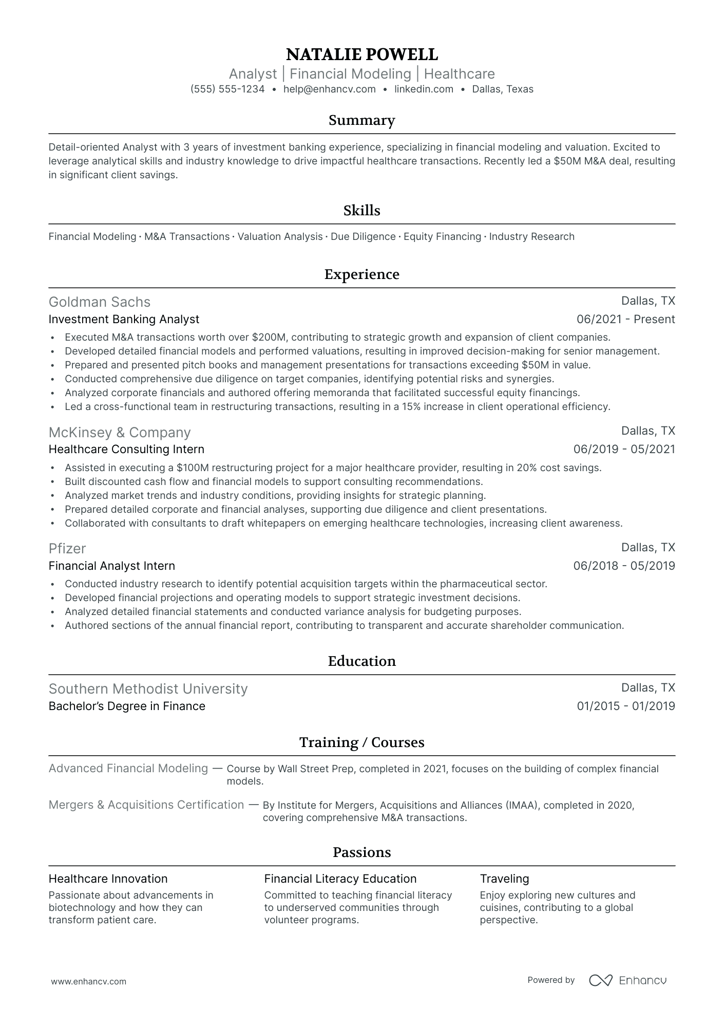 Investment Banking Analyst resume example