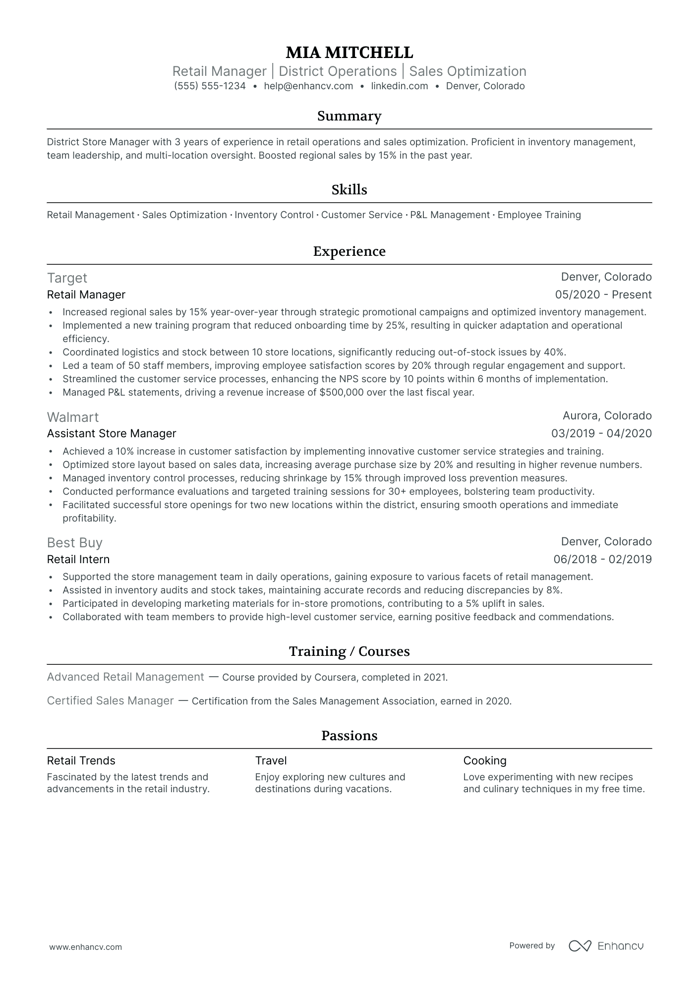 Retail Store Manager resume example