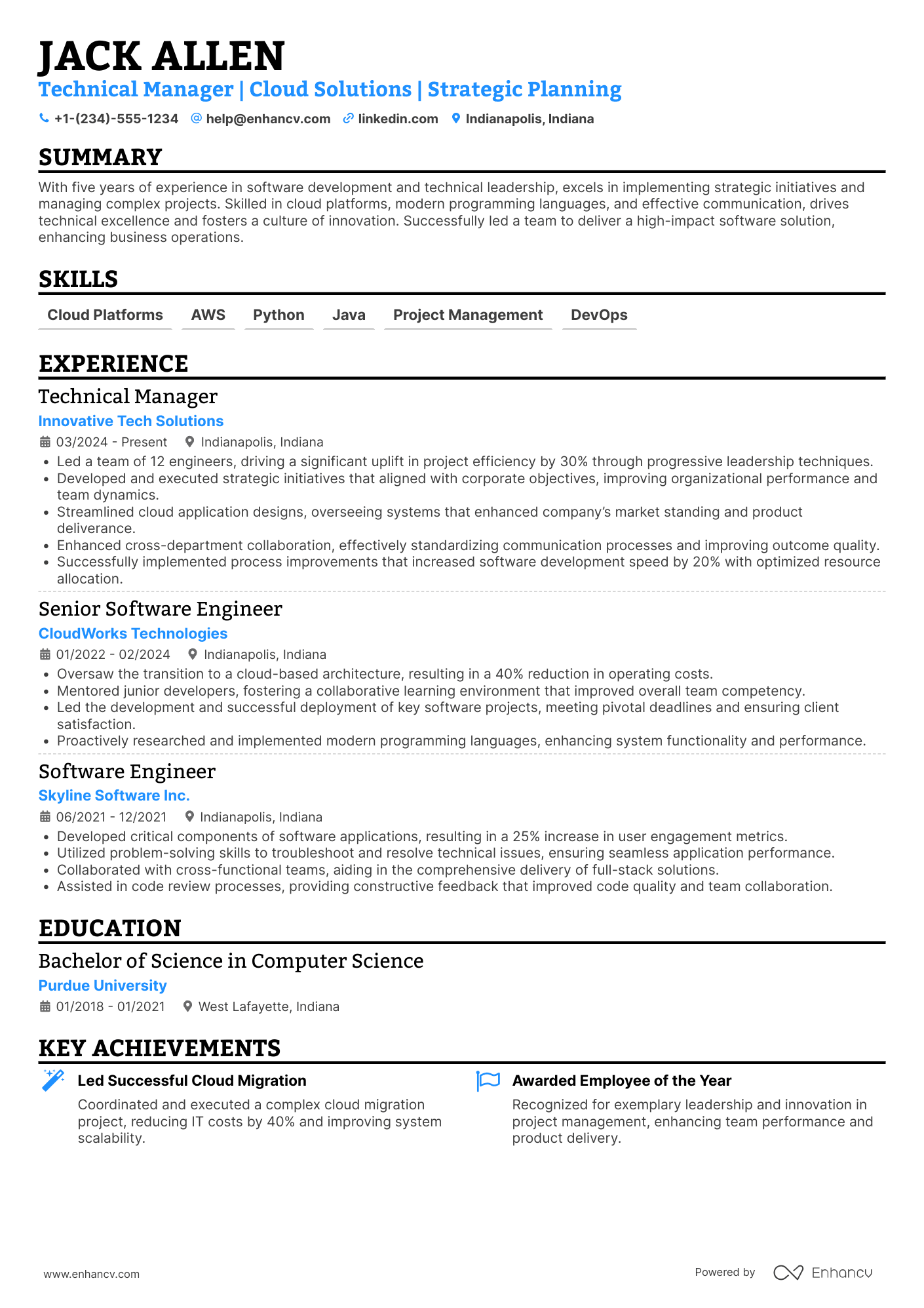 Technical Manager resume example