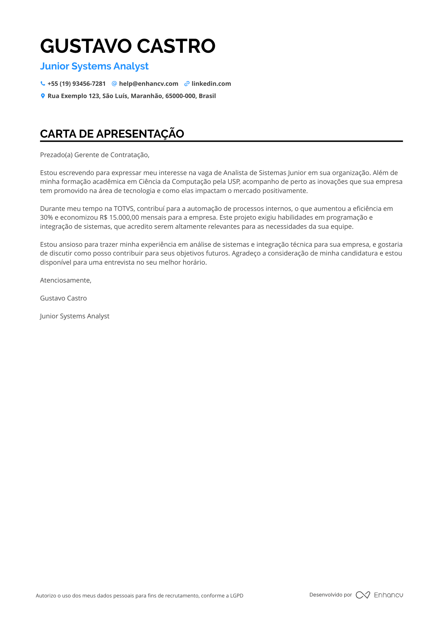 Analista de Sistemas Carta de apresentação