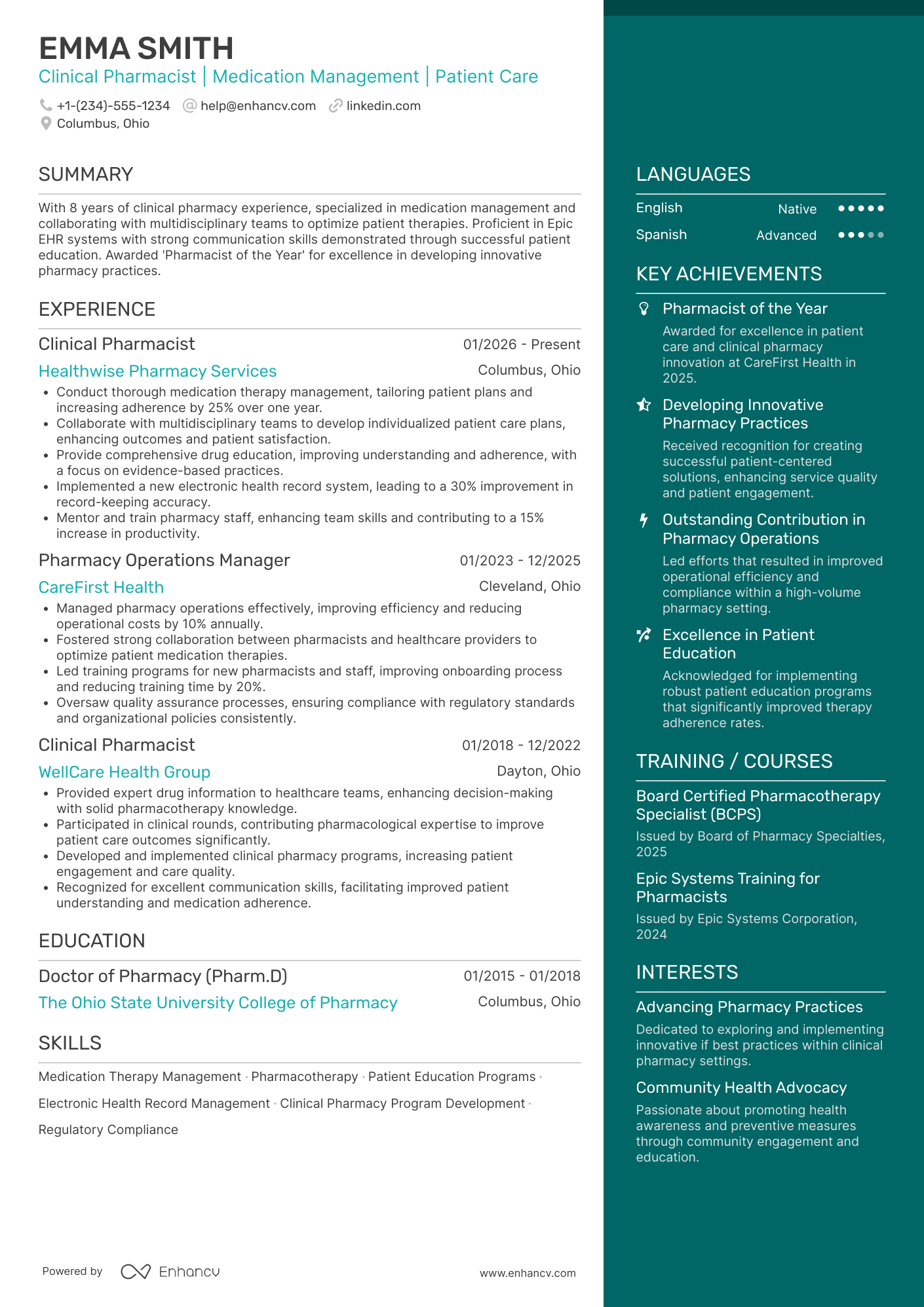 Clinical Pharmacist resume example