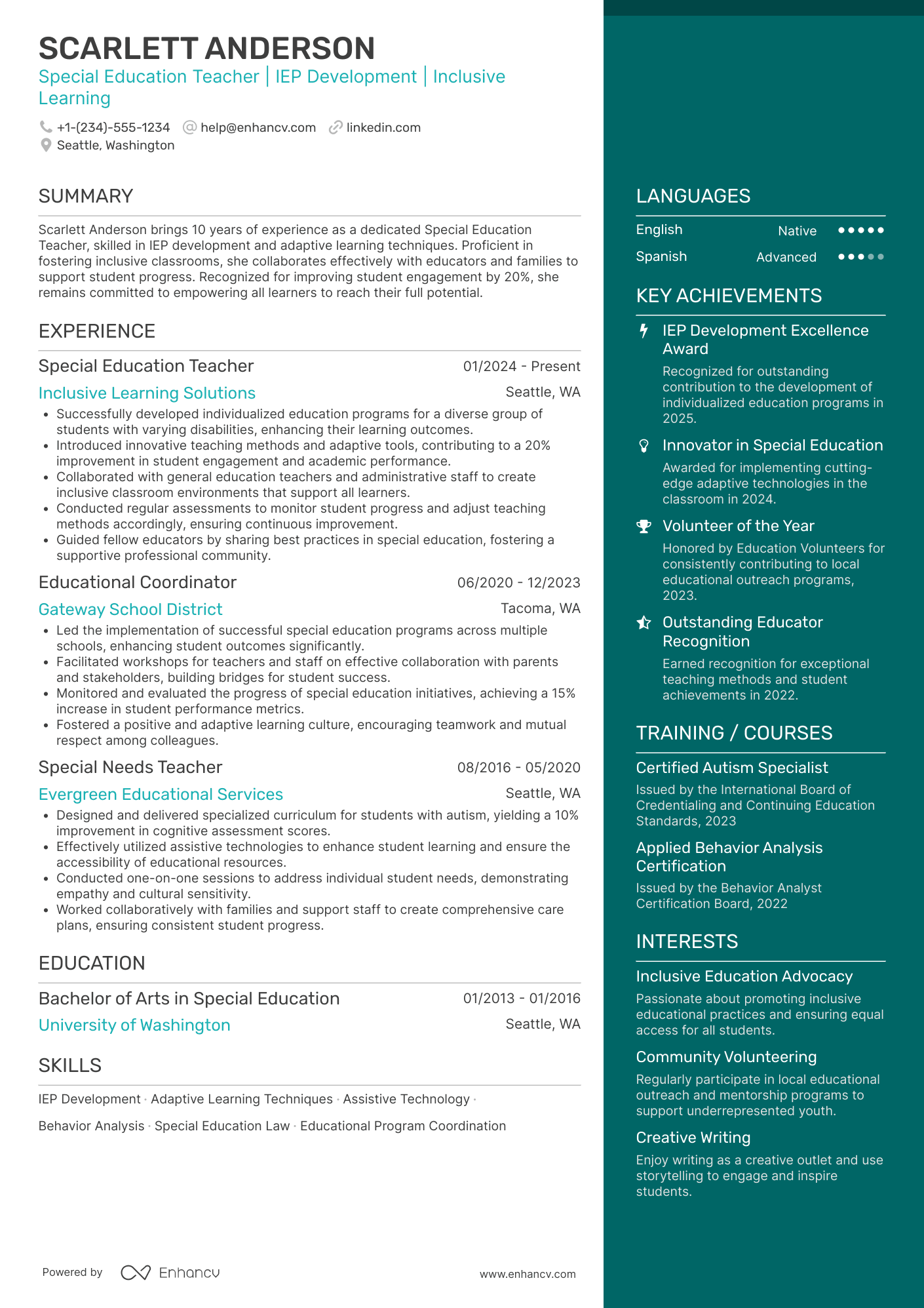 Special Ed Teacher resume example