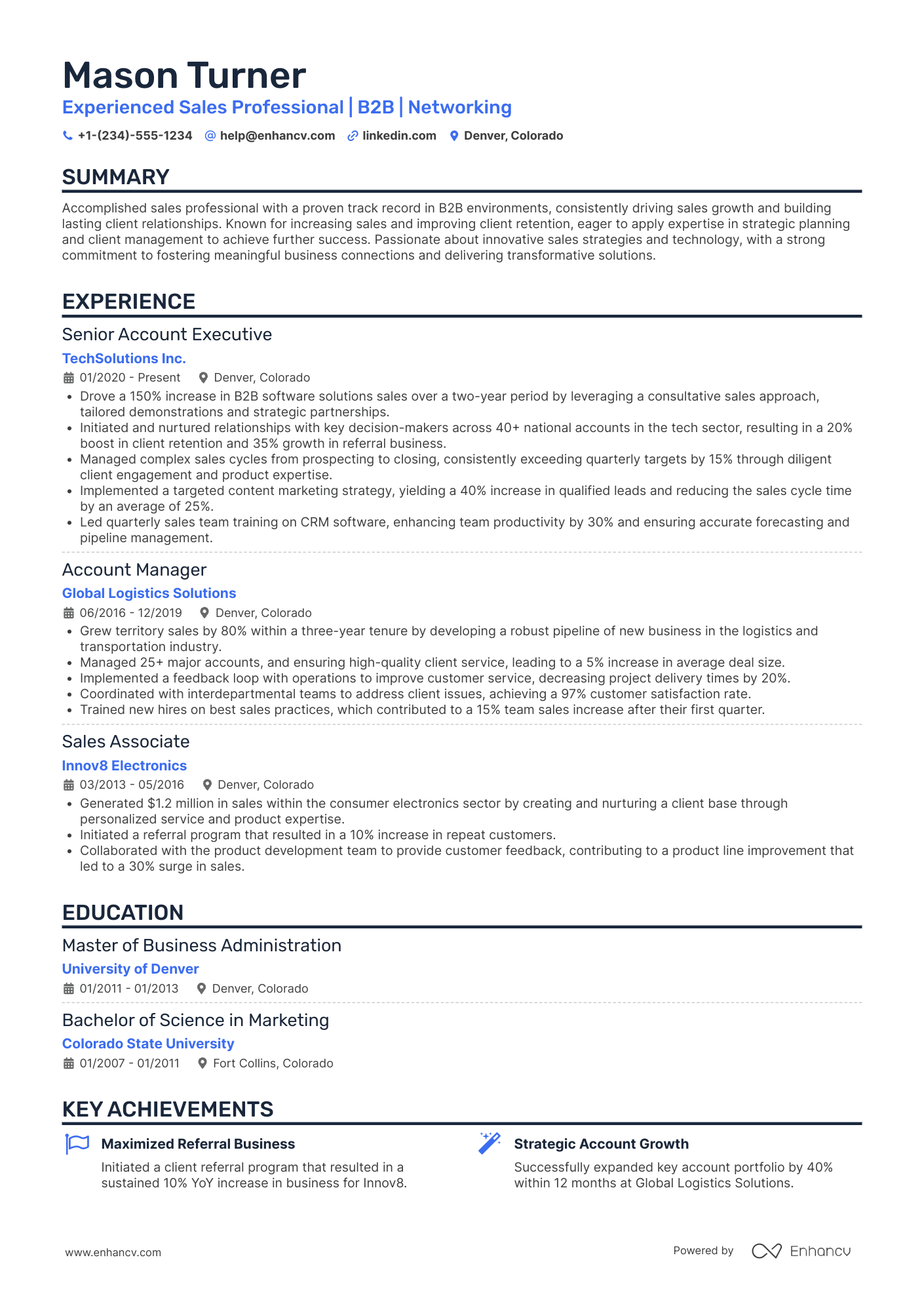 A single column resume template perfect for all industries. Blue accent color.  