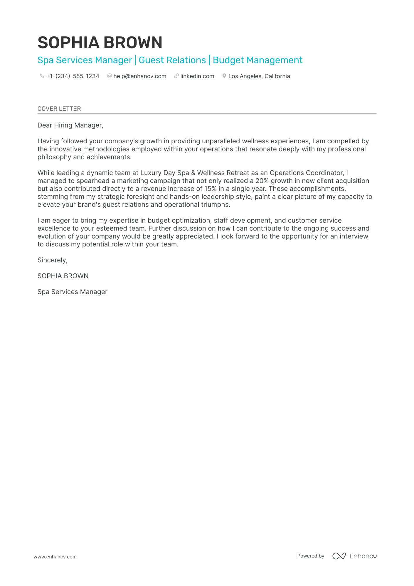 Spa Manager cover letter