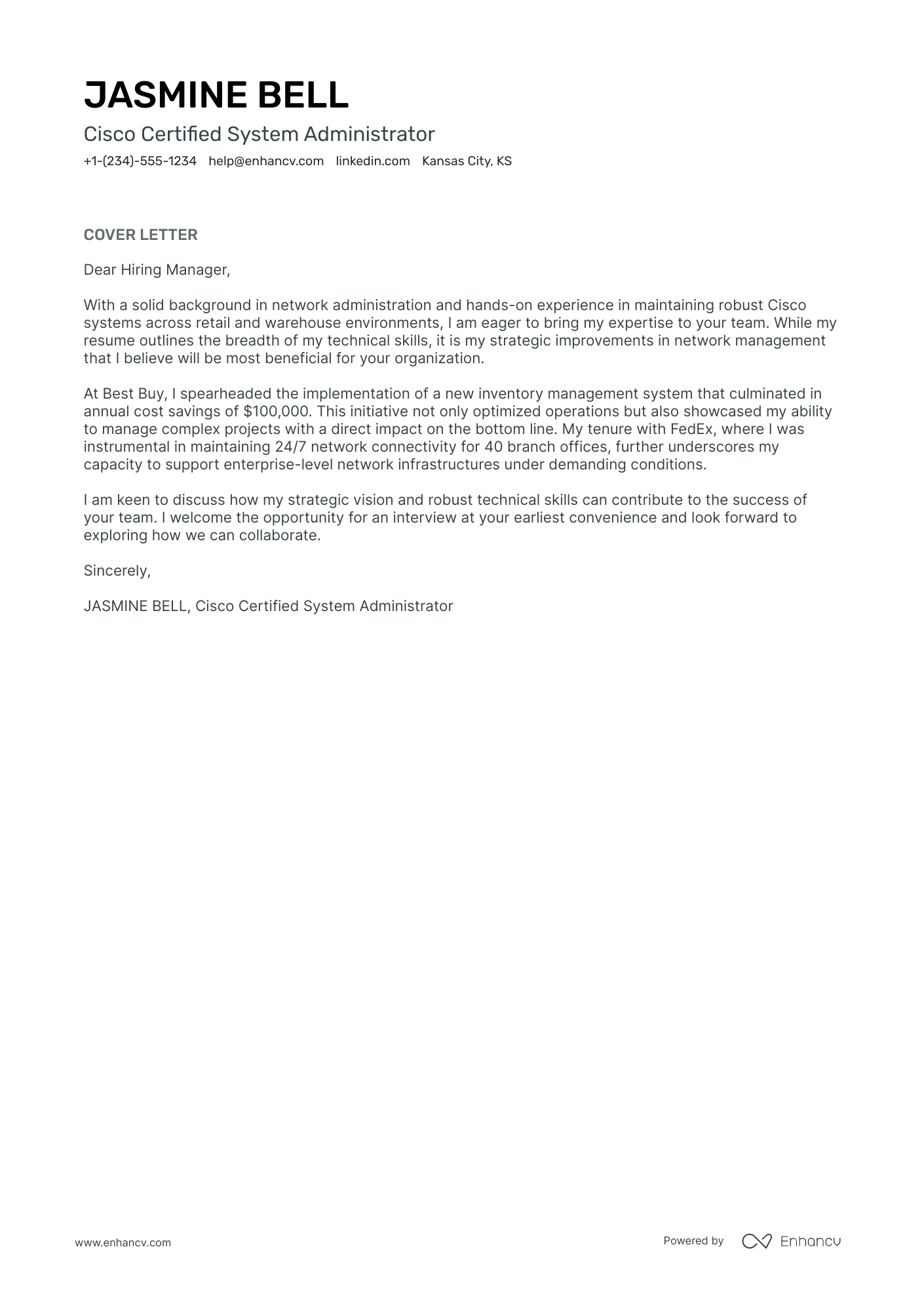 System Administrator cover letter
