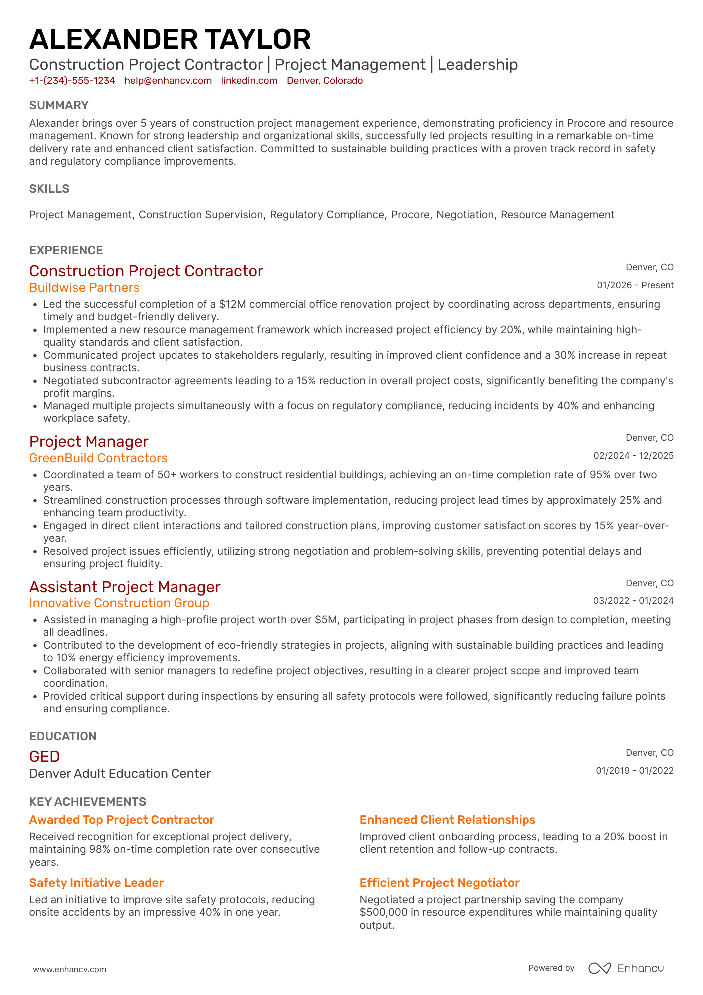 Contractor resume example