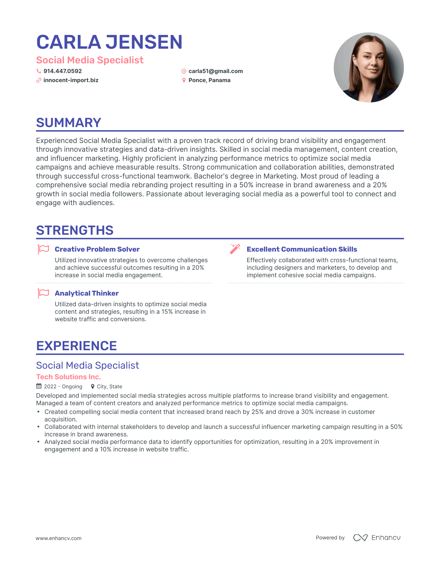 Creative Social Media Specialist Resume Example