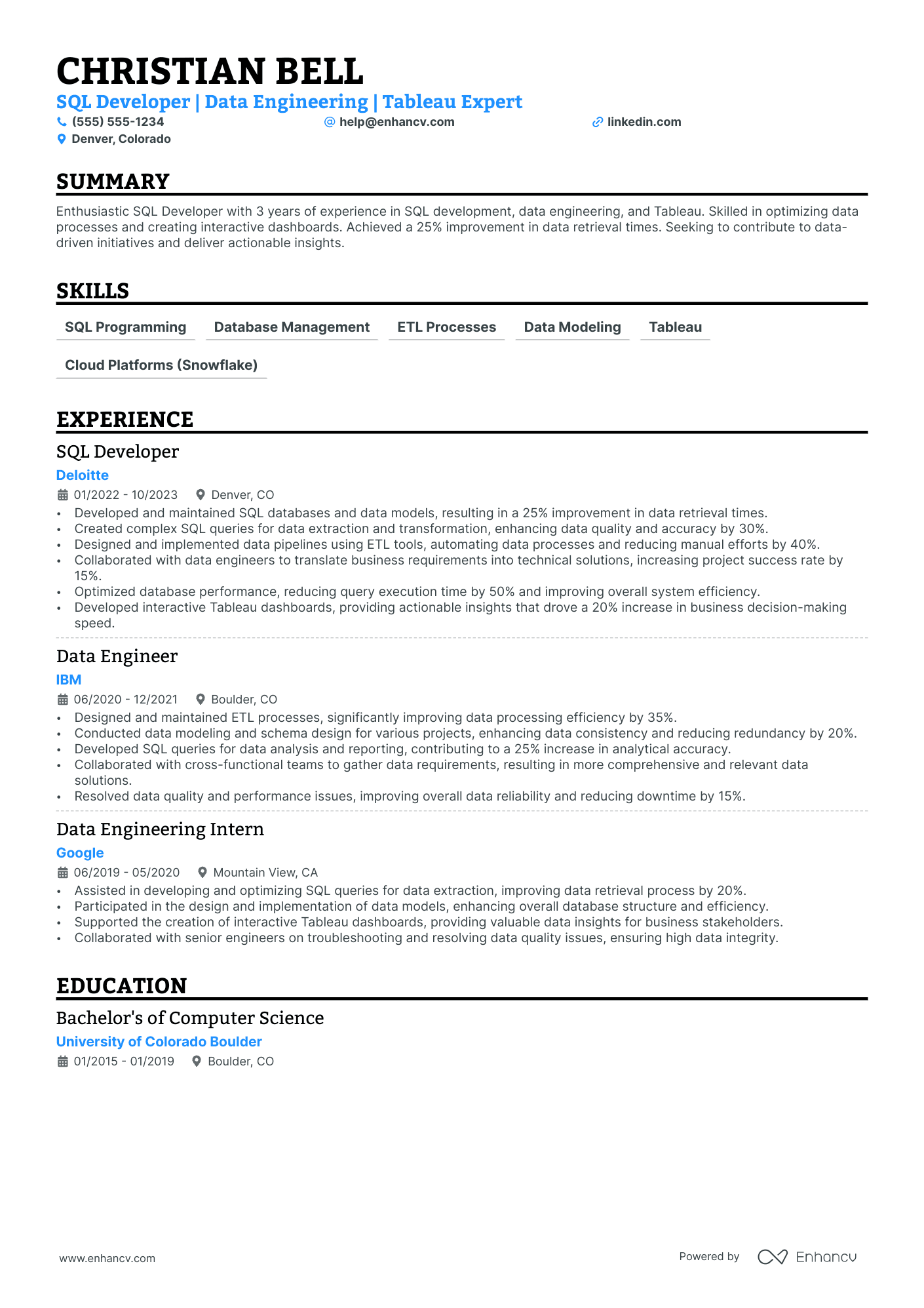 SQL Business Intelligence Developer resume example