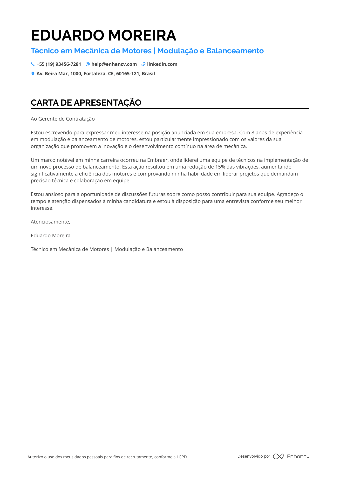 Mecânico Carta de apresentação