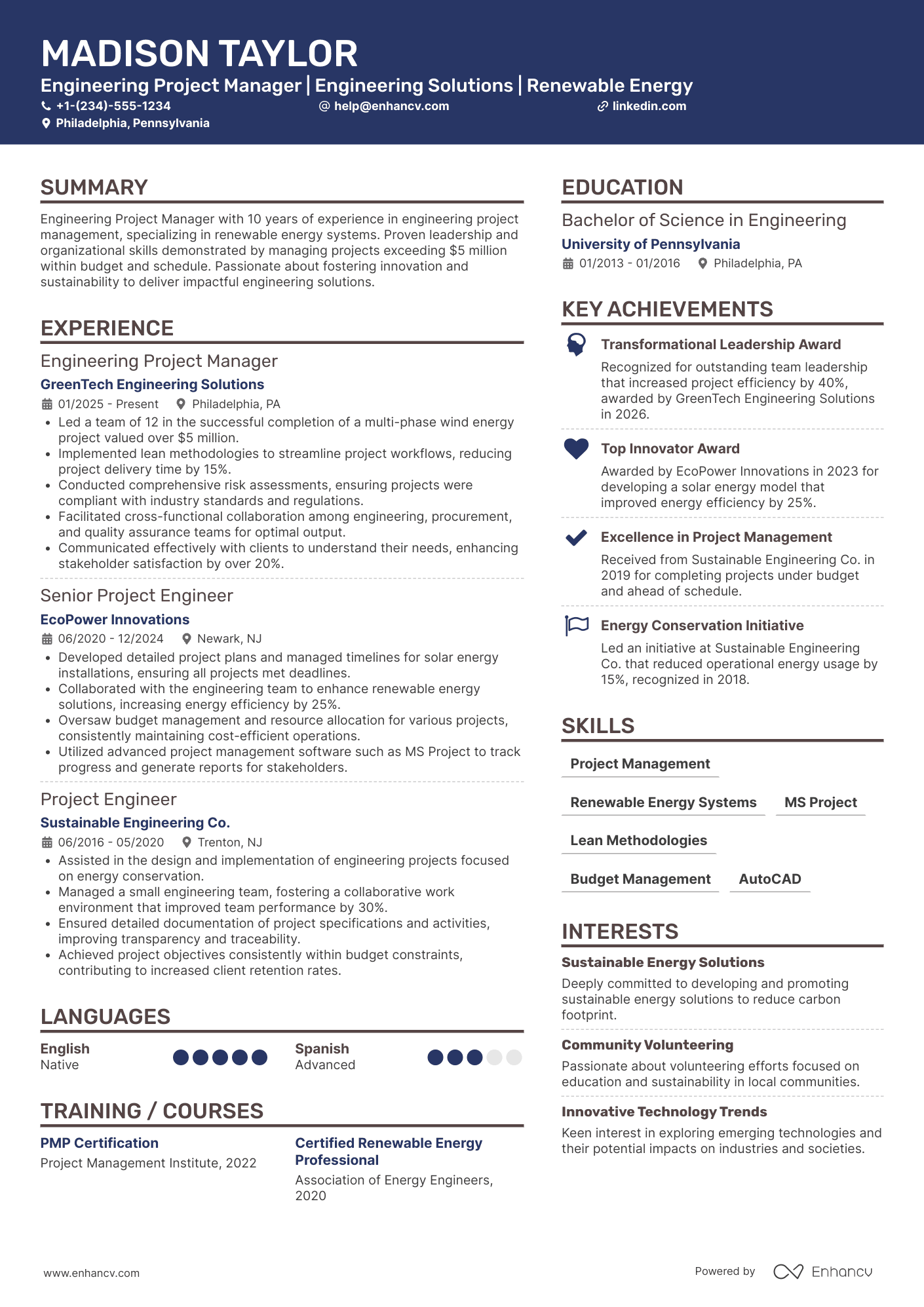 Engineering Project Manager resume example