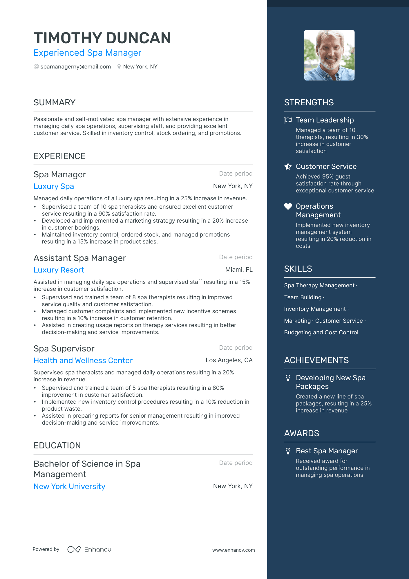 Spa Manager resume example