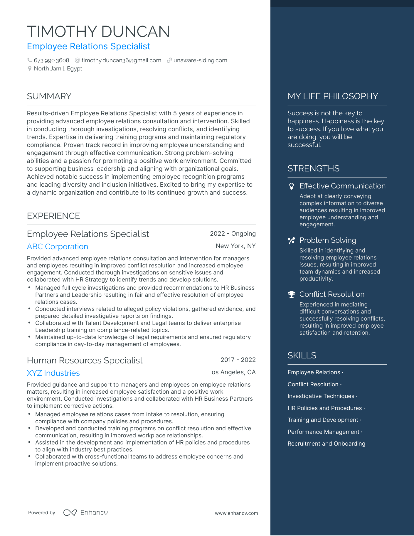 Modern Employee Relations Specialist Resume Example