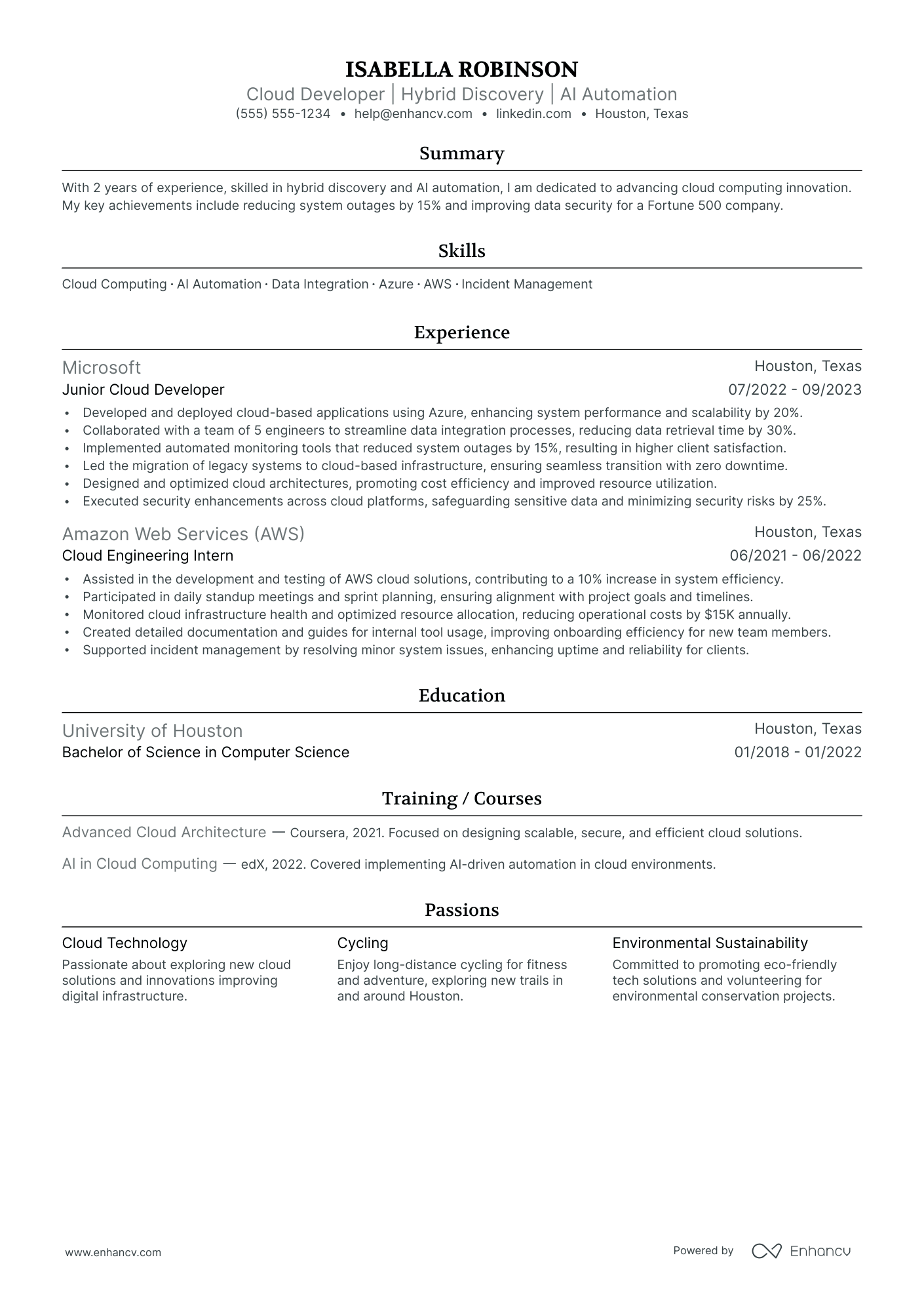 Full Stack Cloud Developer resume example